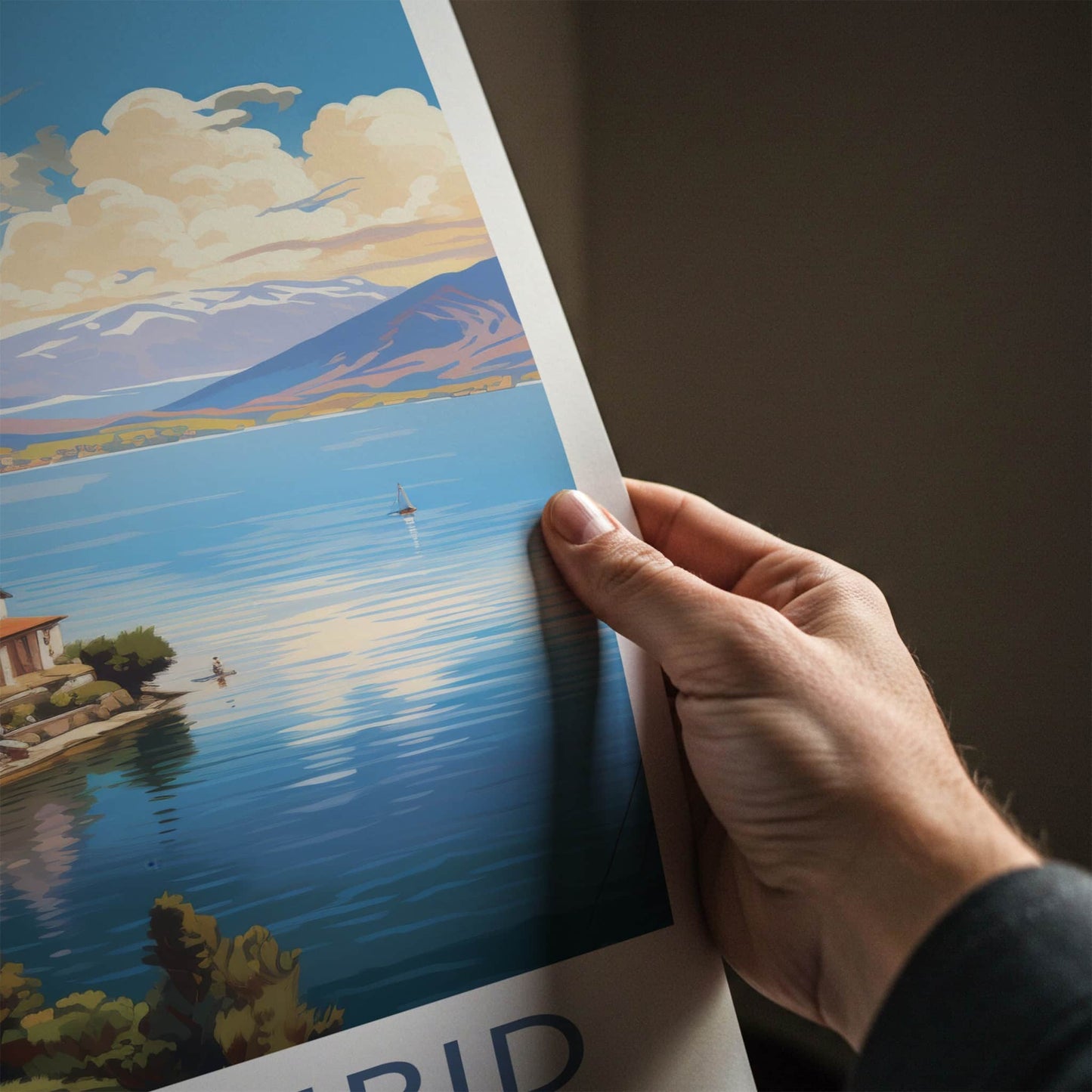 Lake Ohrid Poster - North Macedonia Travel Art - Lakeside Village Mountains Home Decor