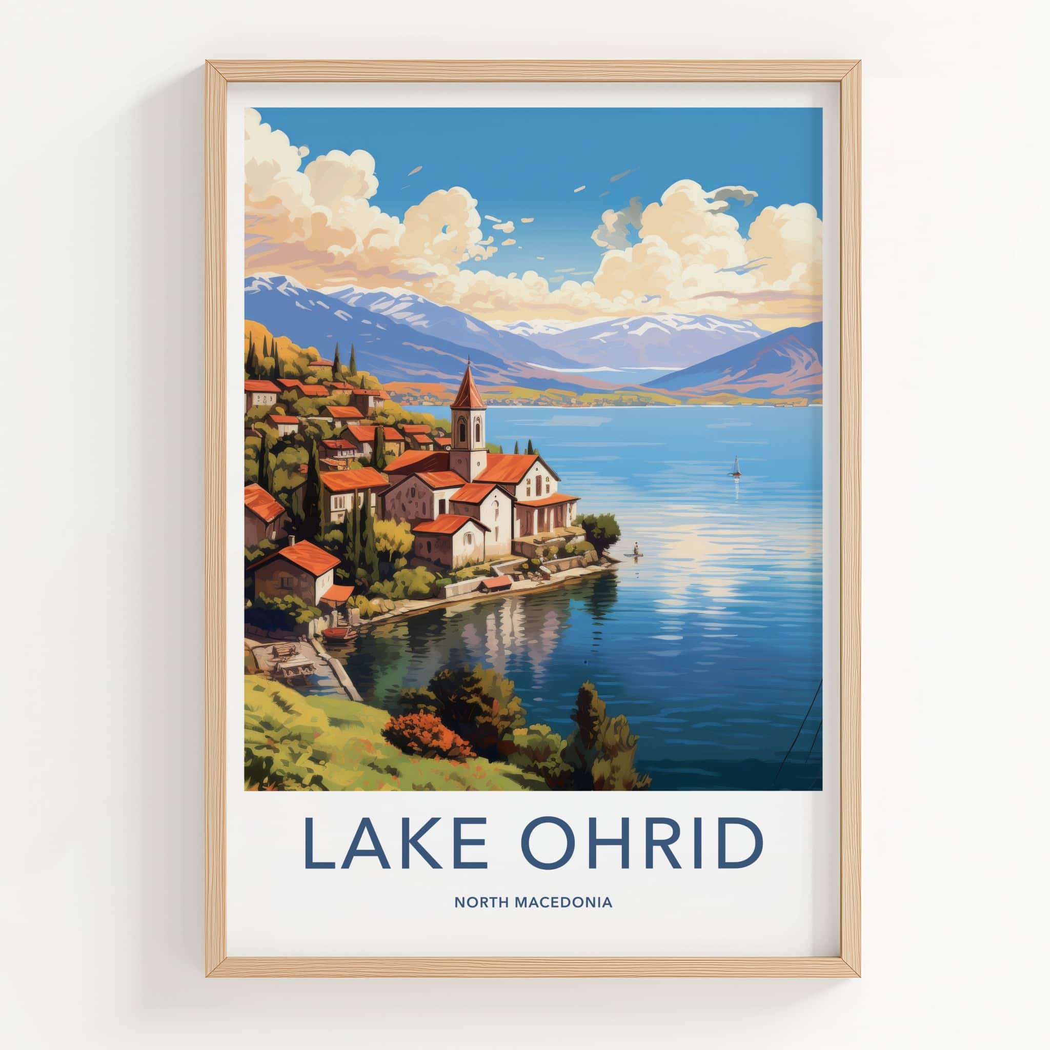 Lake Ohrid Poster - North Macedonia Travel Art - Lakeside Village Mountains Home Decor