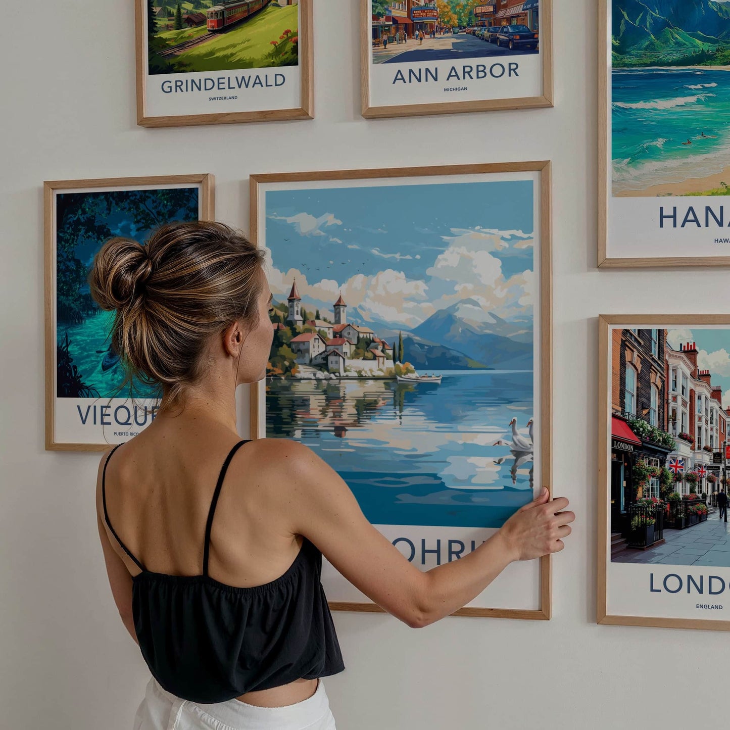 Lake Ohrid Poster - North Macedonia Travel Art - Lakeside Village Swans Home Decor
