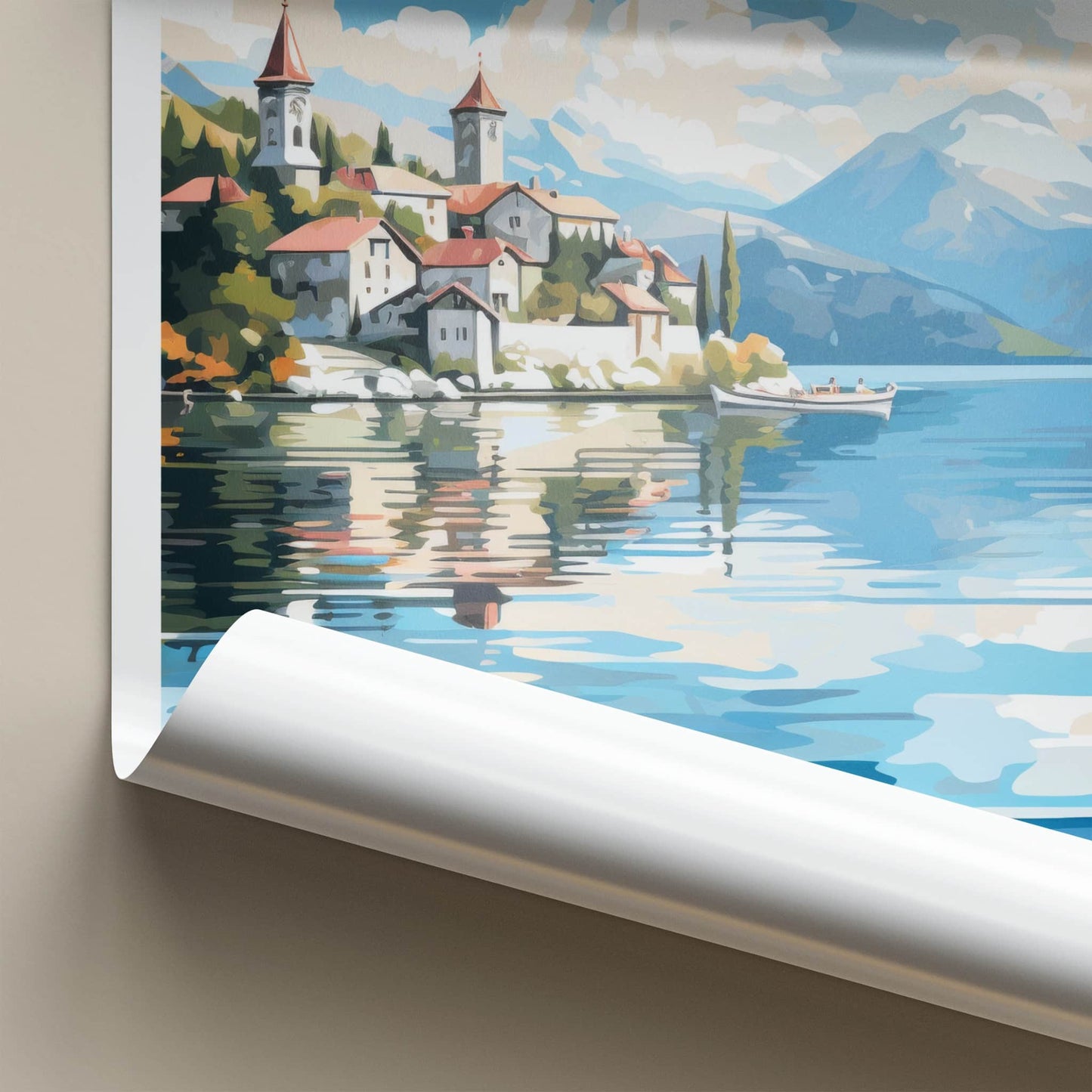 Lake Ohrid Poster - North Macedonia Travel Art - Lakeside Village Swans Home Decor