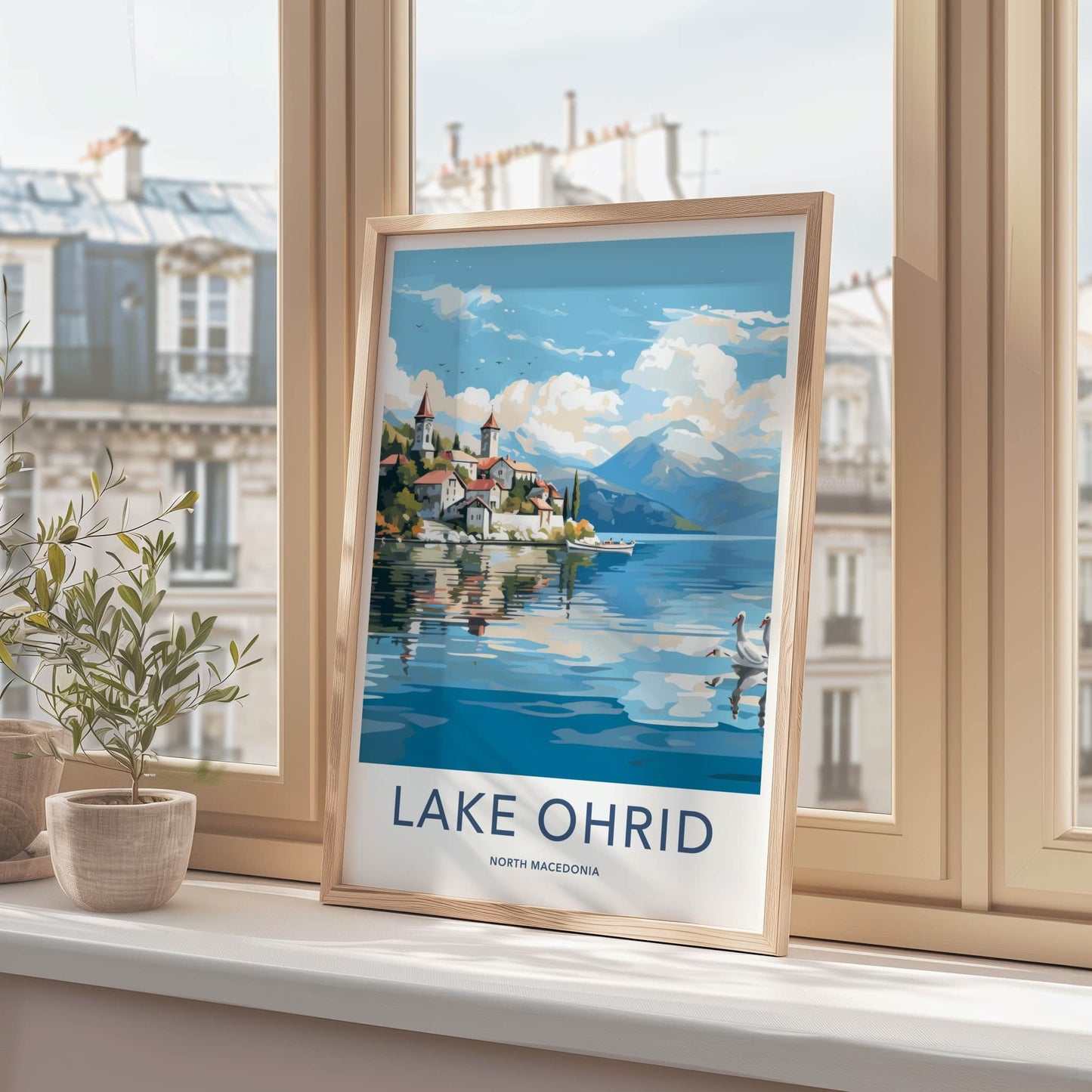 Lake Ohrid Poster - North Macedonia Travel Art - Lakeside Village Swans Home Decor