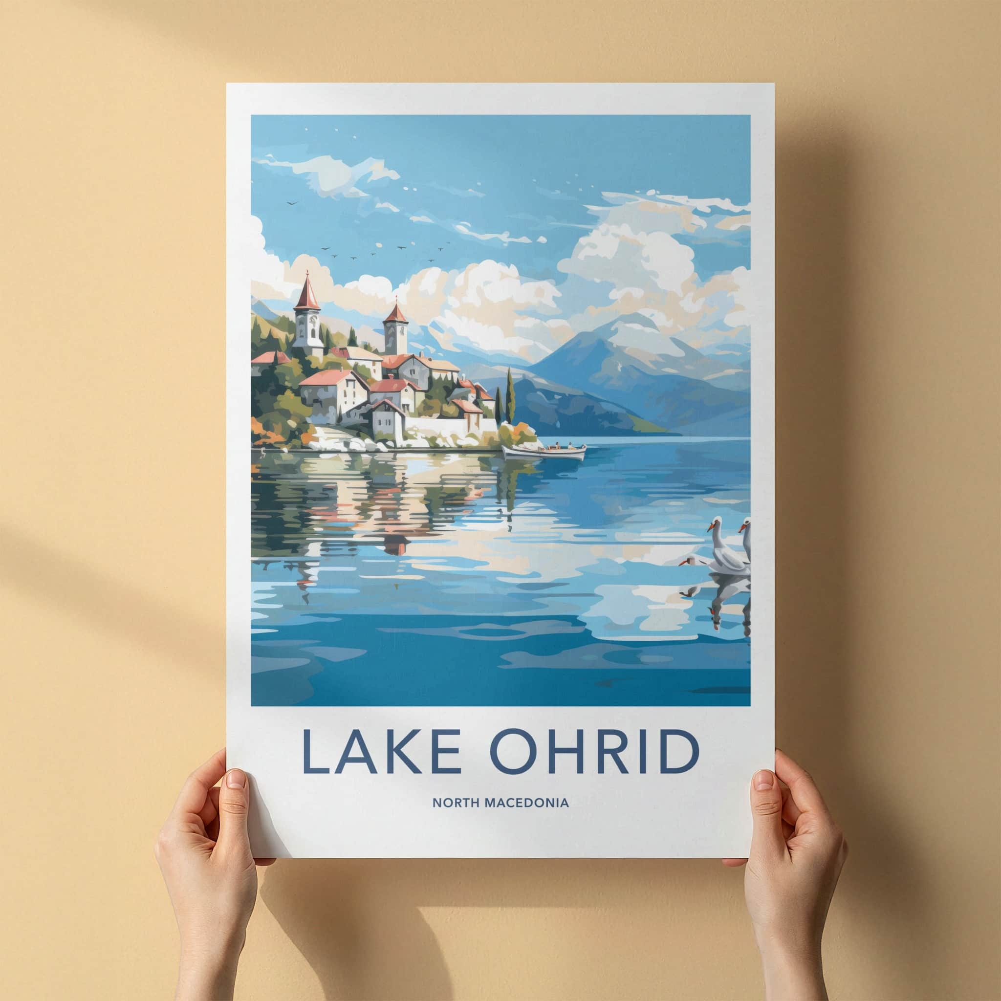 Lake Ohrid Poster - North Macedonia Travel Art - Lakeside Village Swans Home Decor