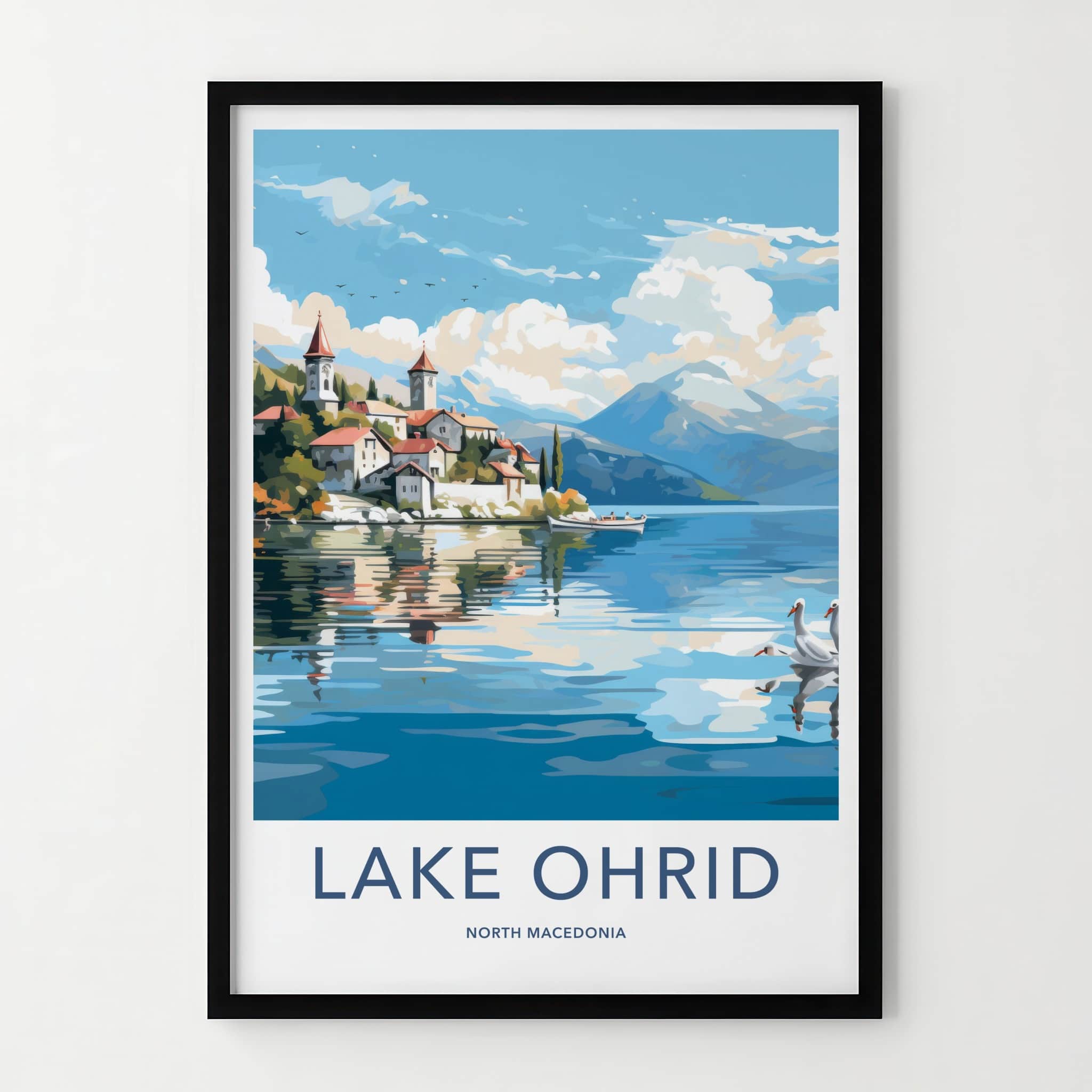 Lake Ohrid Poster - North Macedonia Travel Art - Lakeside Village Swans Home Decor