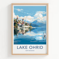 Lake Ohrid Poster - North Macedonia Travel Art - Lakeside Village Swans Home Decor