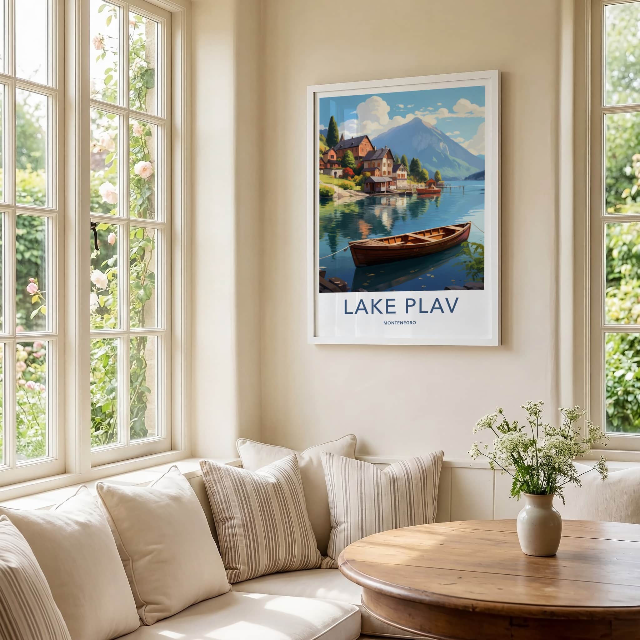 Lake Plav Poster - Montenegro Travel Print - Lakeside Mountain Village Wall Decor