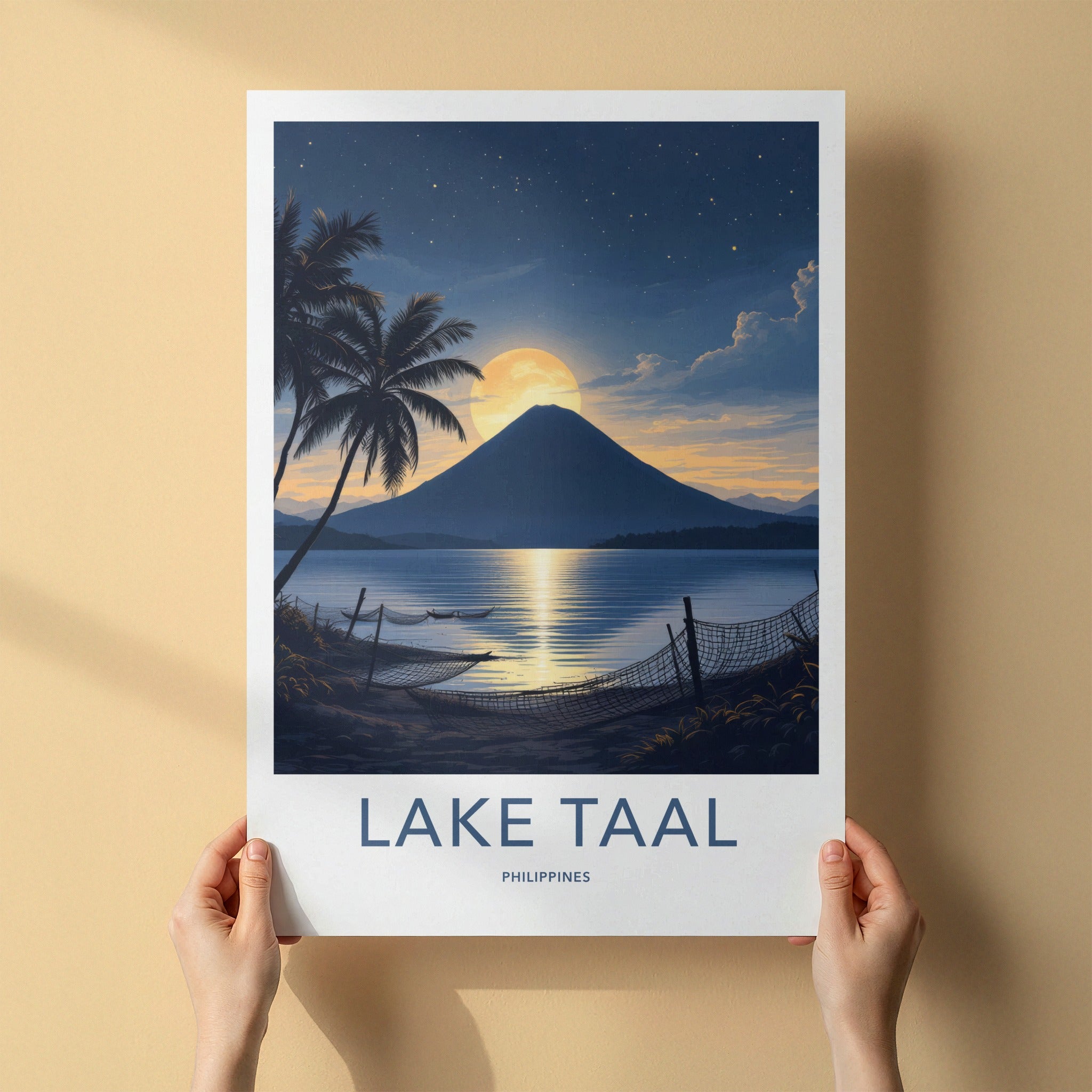 Lake Taal Poster - Philippines Travel Art - Full Moon Volcano Home Decor