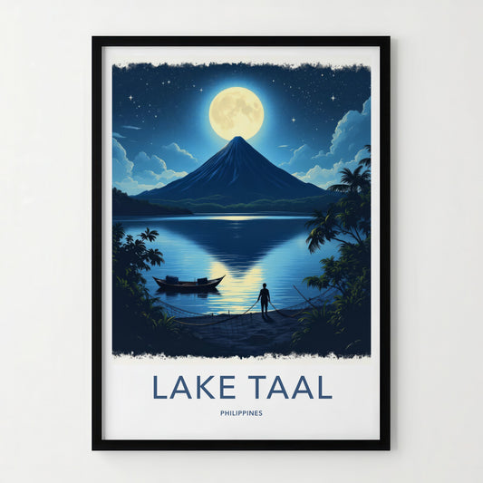 Lake Taal Poster - Philippines Travel Art - Moonlit Volcano Lake Home Decor