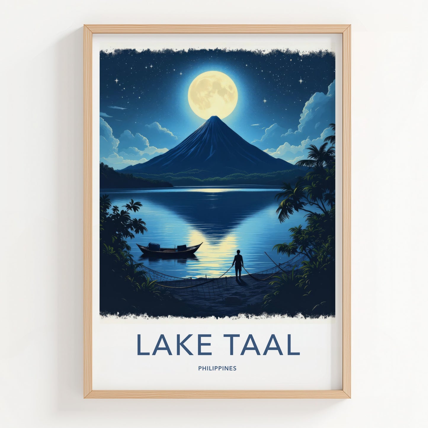 Lake Taal Poster - Philippines Travel Art - Moonlit Volcano Lake Home Decor