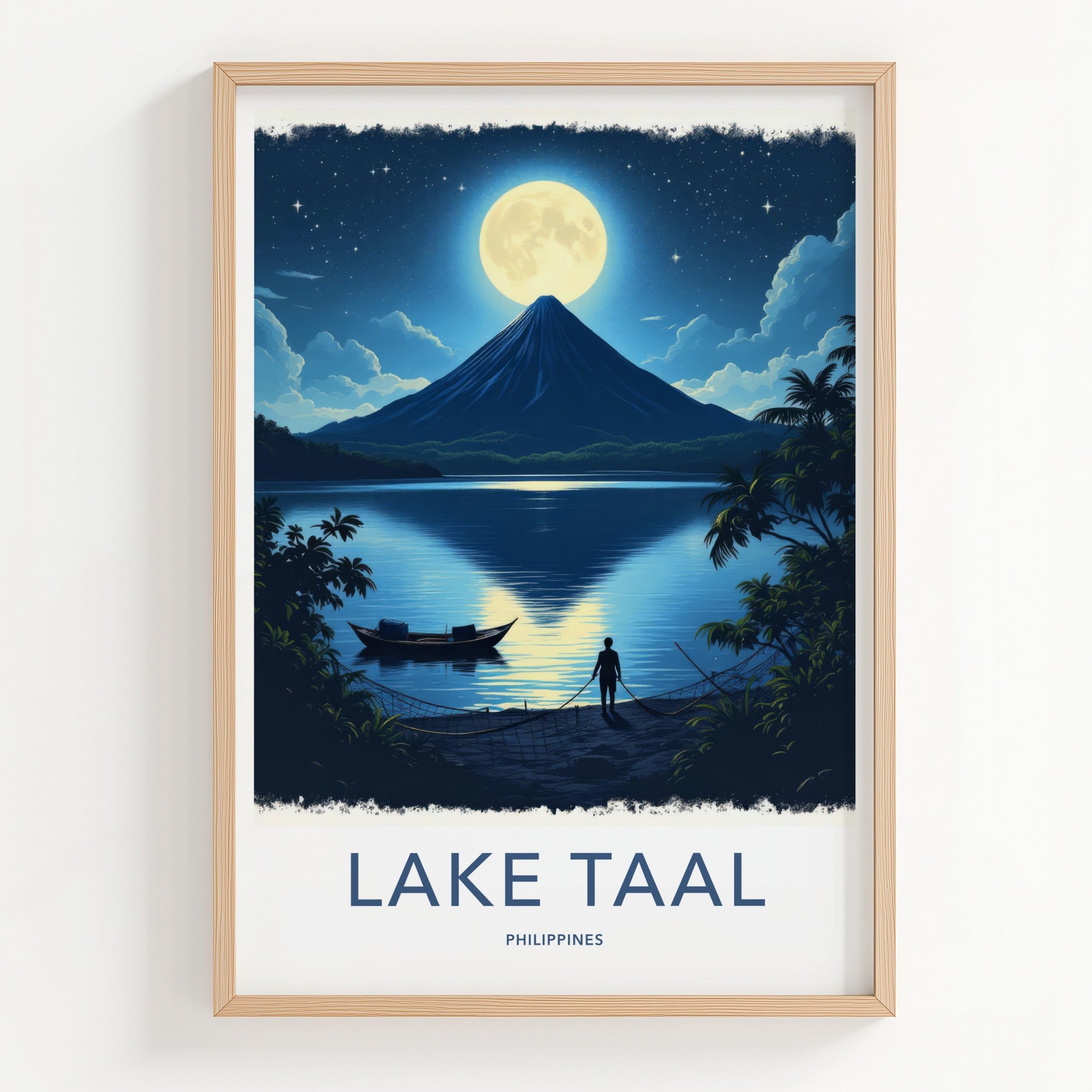 Lake Taal Poster - Philippines Travel Art - Moonlit Volcano Lake Home Decor