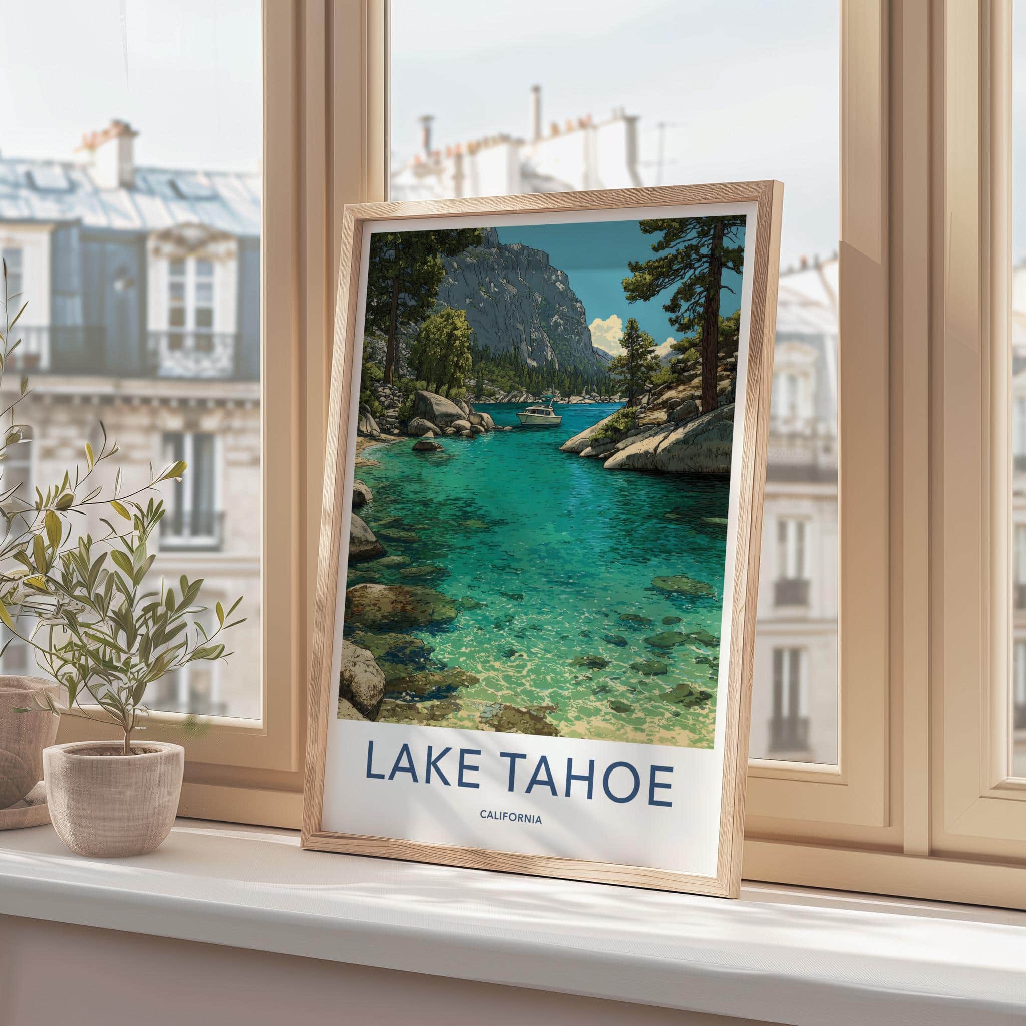 Lake Tahoe Poster - California Framed Print - Turquoise Water Boat Lounge Decor