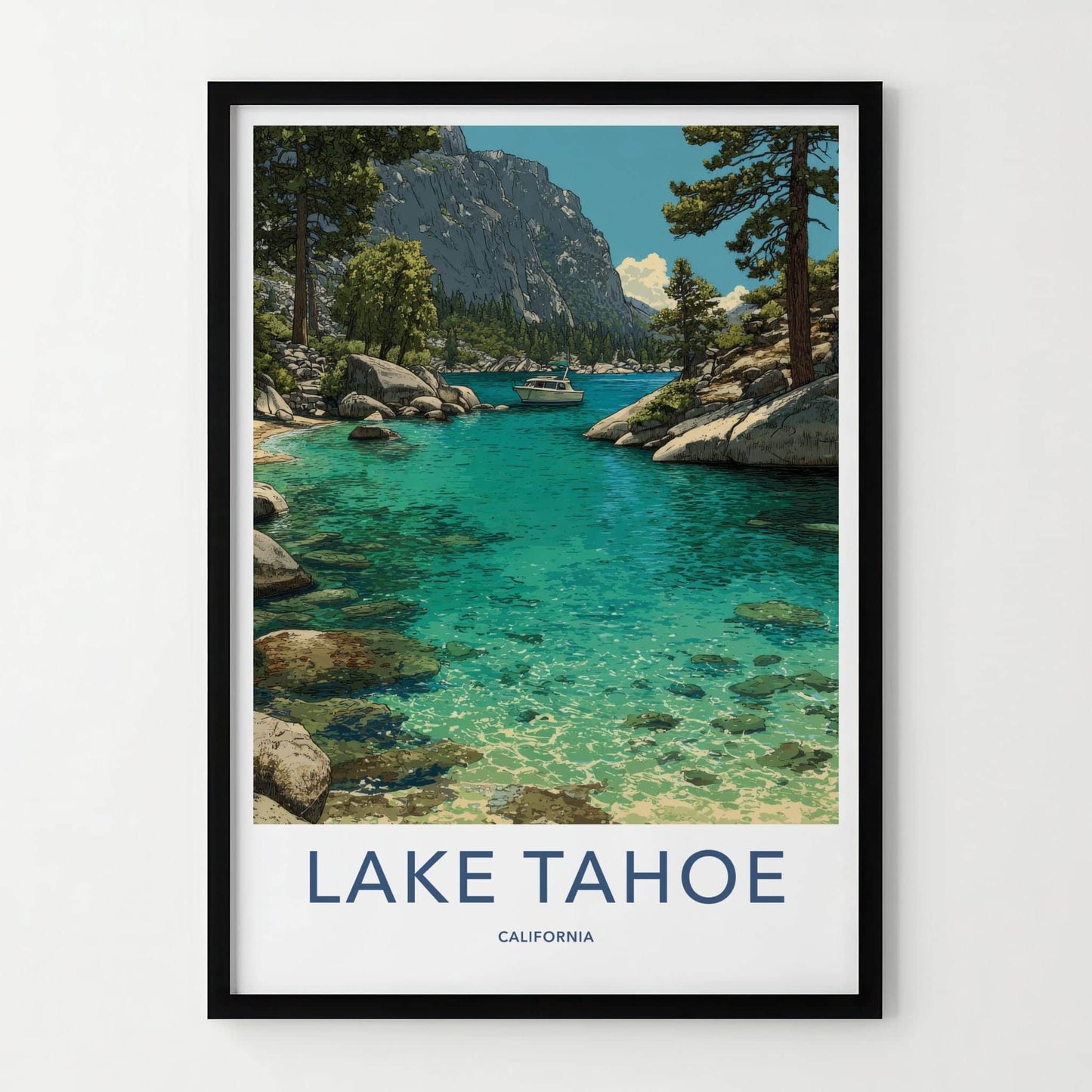 Lake Tahoe Poster - California Framed Print - Turquoise Water Boat Lounge Decor