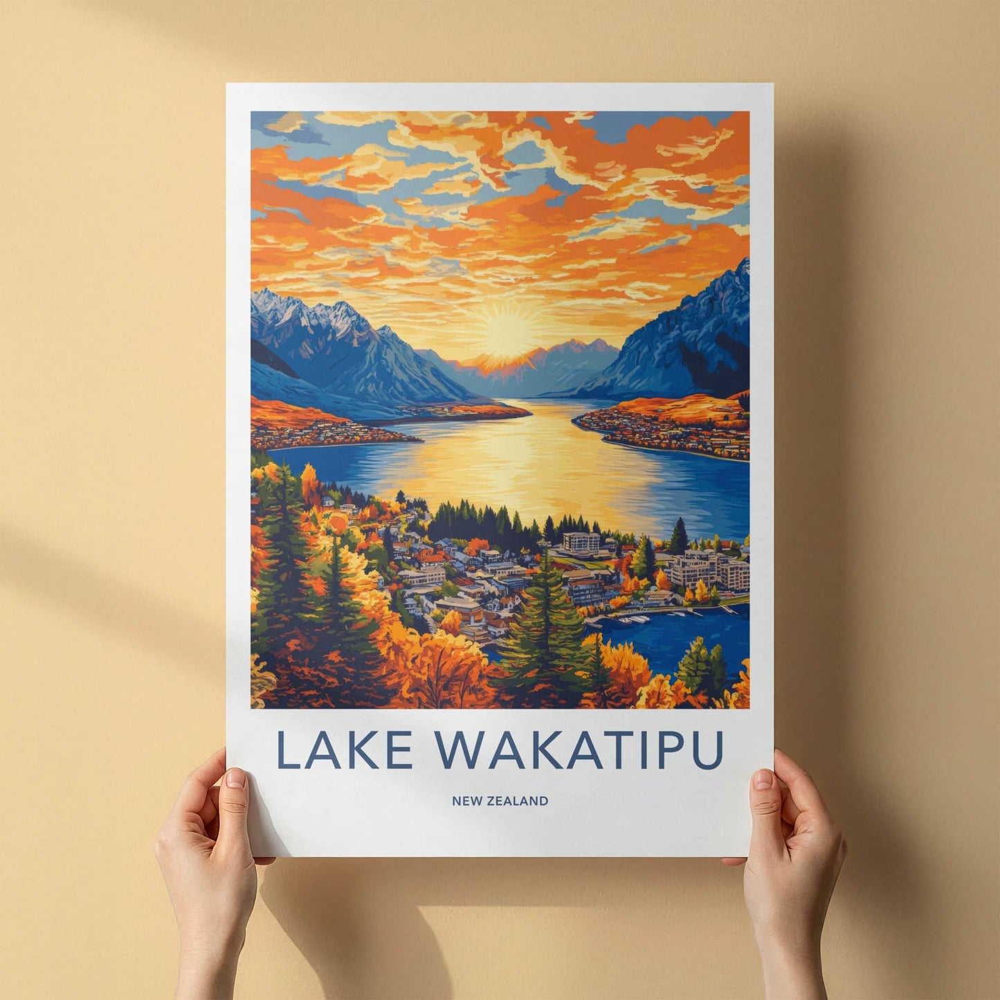 Lake Wakatipu Poster - New Zealand Travel Art - Golden Lake Sunset Home Decor