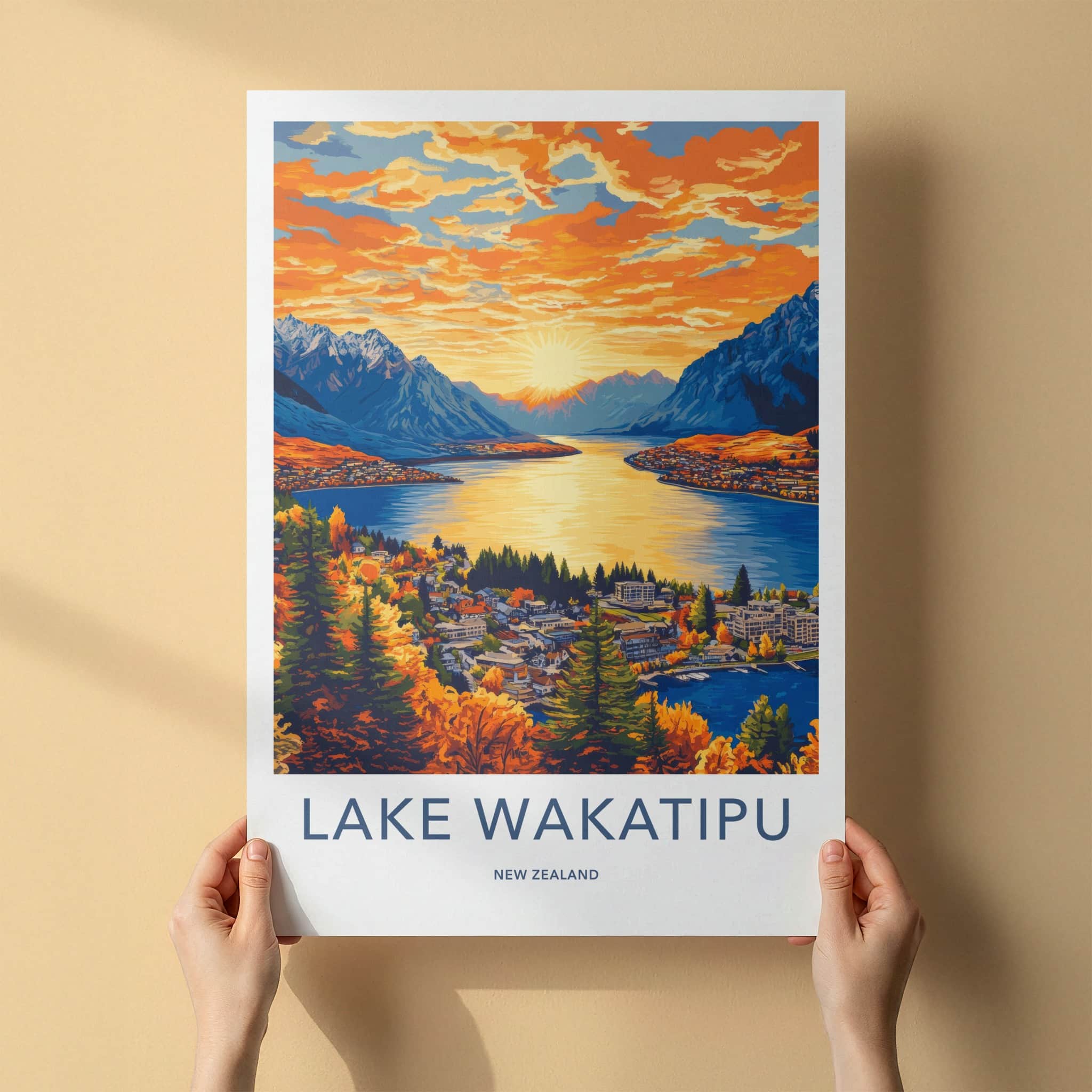 Lake Wakatipu Poster - New Zealand Travel Art - Golden Lake Sunset Home Decor