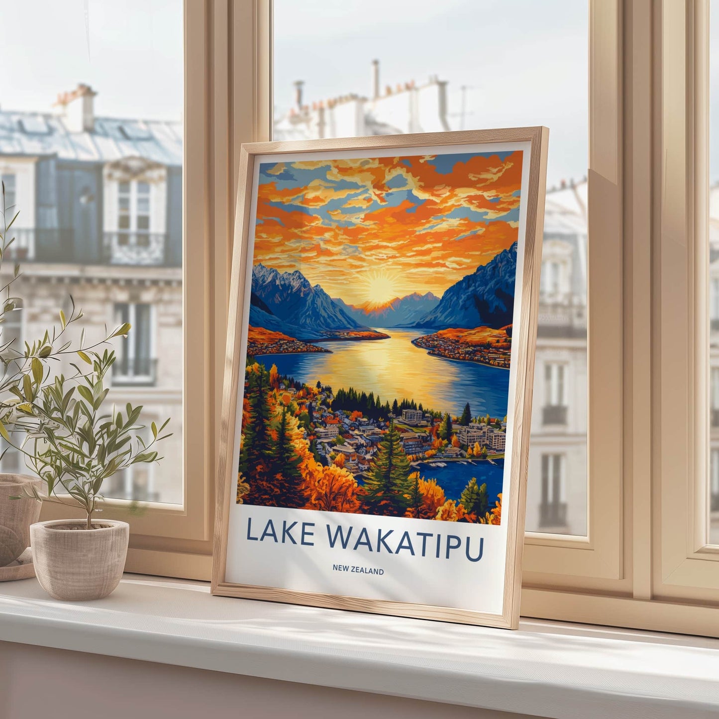Lake Wakatipu Poster - New Zealand Travel Art - Golden Lake Sunset Home Decor