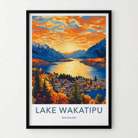 Lake Wakatipu Poster - New Zealand Travel Art - Golden Lake Sunset Home Decor