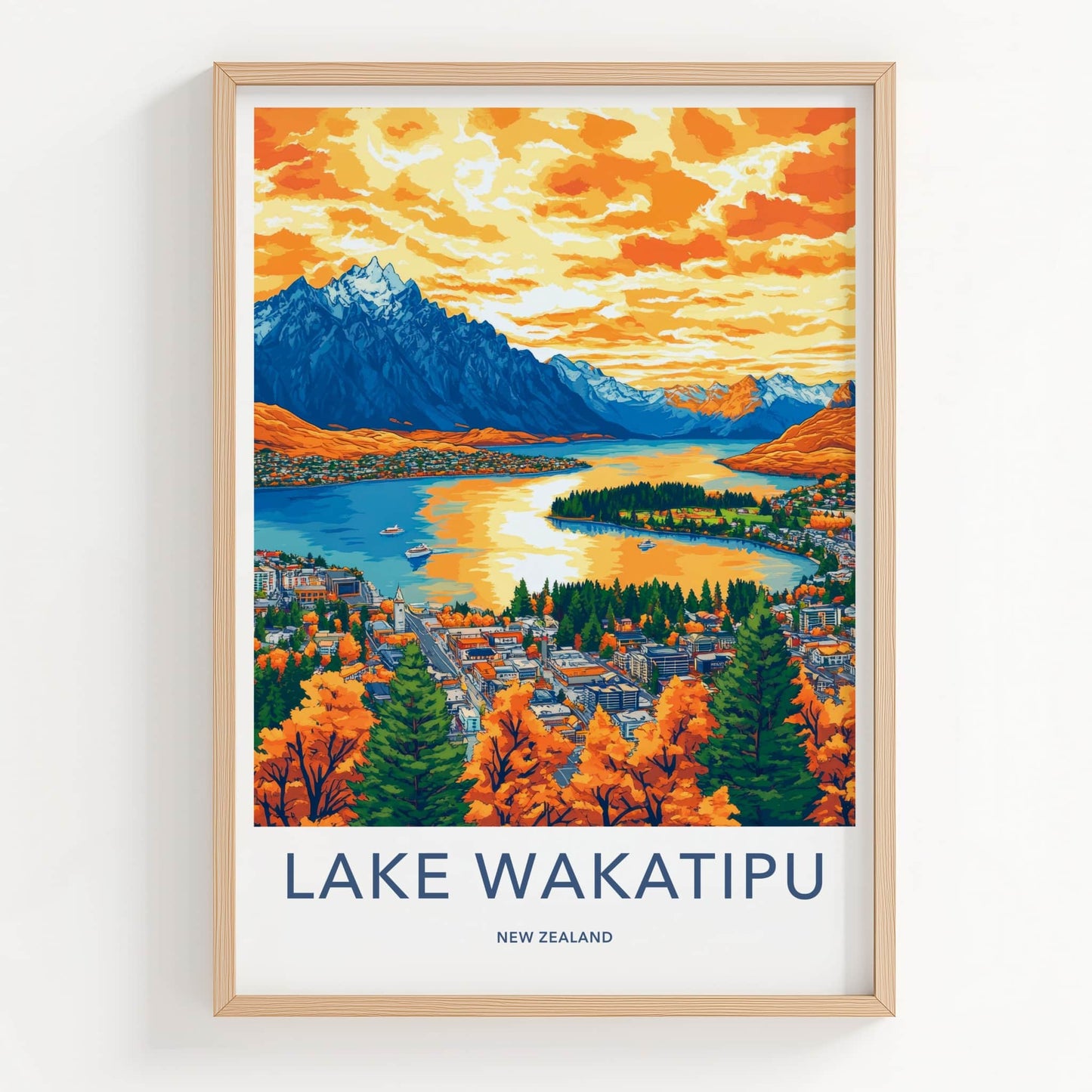 Lake Wakatipu Poster - New Zealand Travel Art - Vibrant Lake Mountain Home Decor