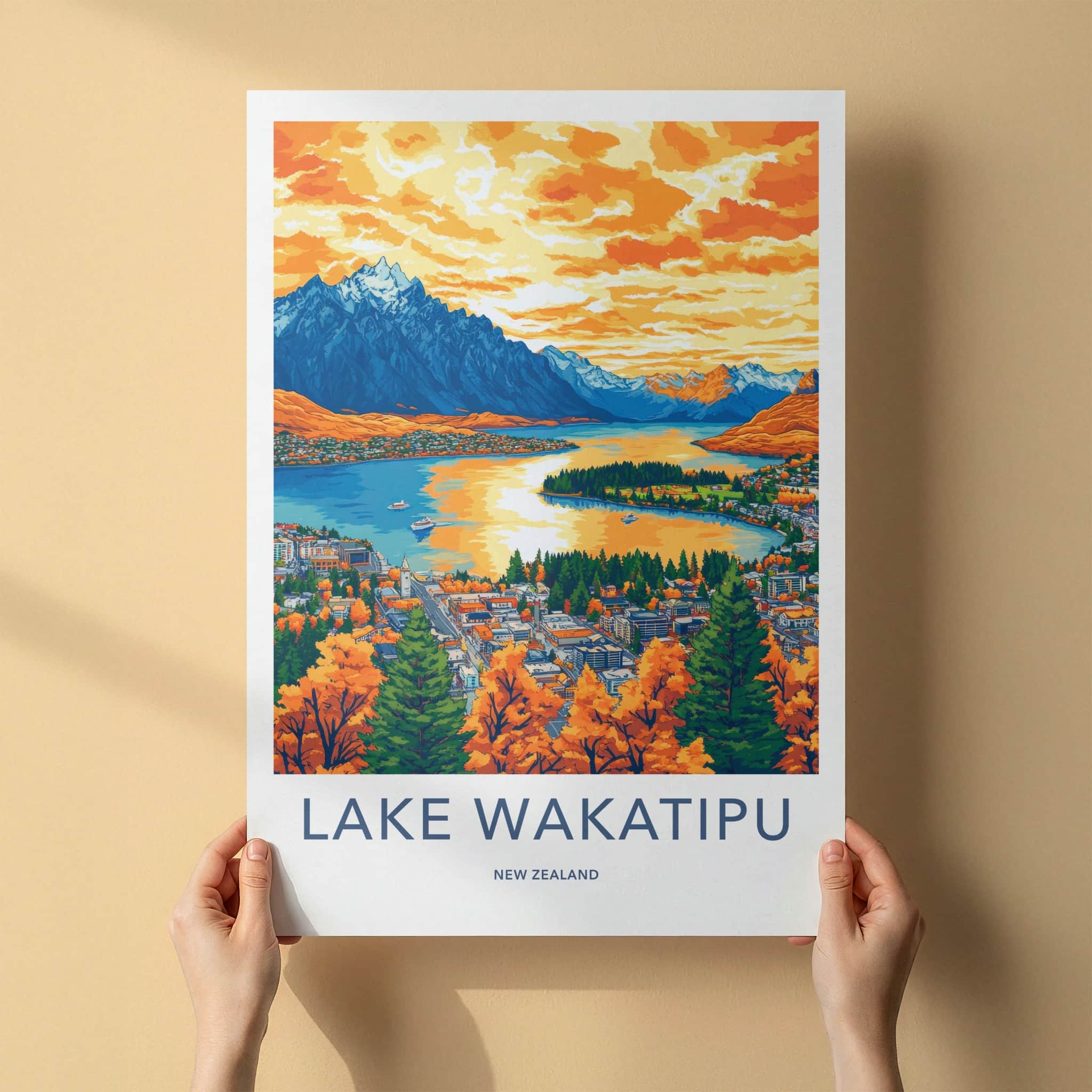 Lake Wakatipu Poster - New Zealand Travel Art - Vibrant Lake Mountain Home Decor