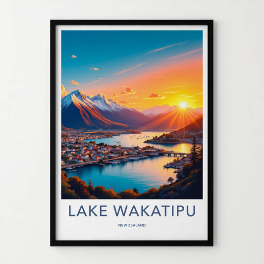 Lake Wakatipu Poster - New Zealand Travel Art - Vibrant Sunset Landscape Home Decor