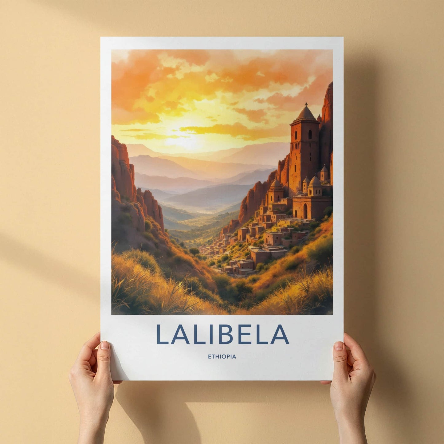 Lalibela Poster - Ethiopia Travel Art - Cliffside Village Sunset Home Decor