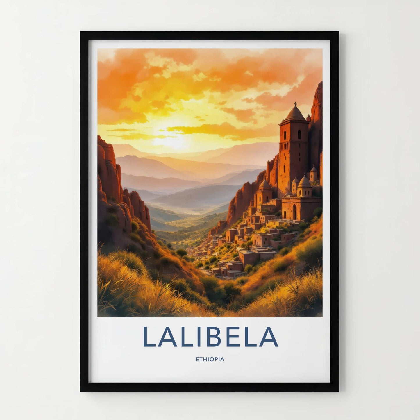 Lalibela Poster - Ethiopia Travel Art - Cliffside Village Sunset Home Decor