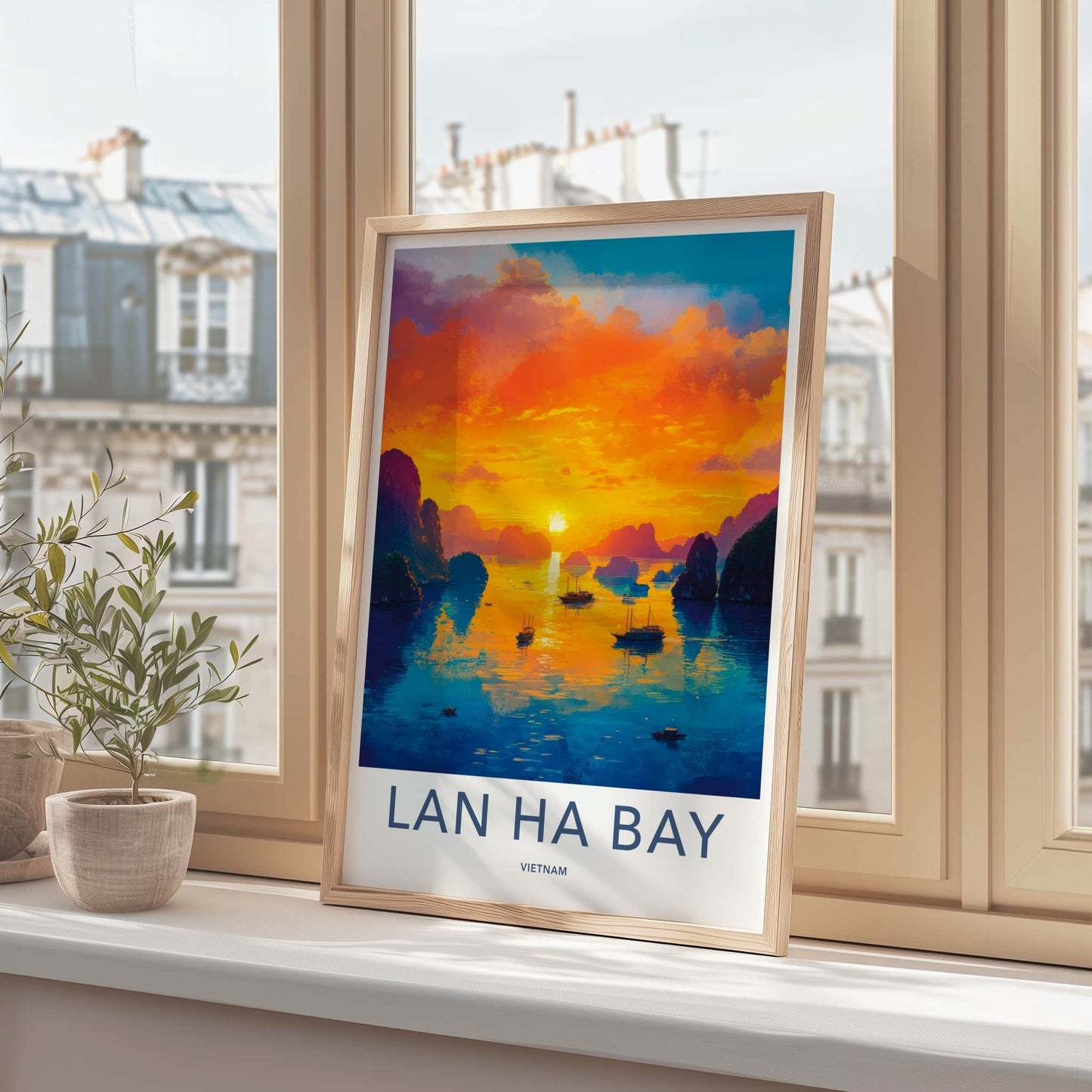 Lan Ha Bay Poster - Vietnam Travel Art - Vibrant Sunset Boats Home Decor