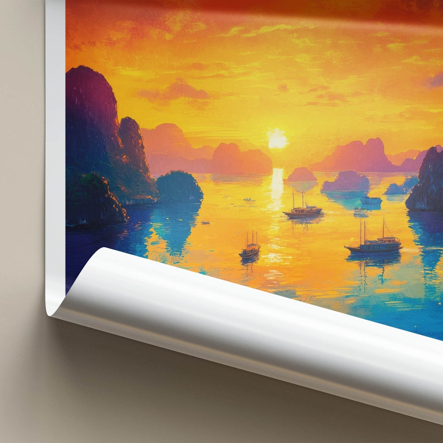 Lan Ha Bay Poster - Vietnam Travel Art - Vibrant Sunset Boats Home Decor