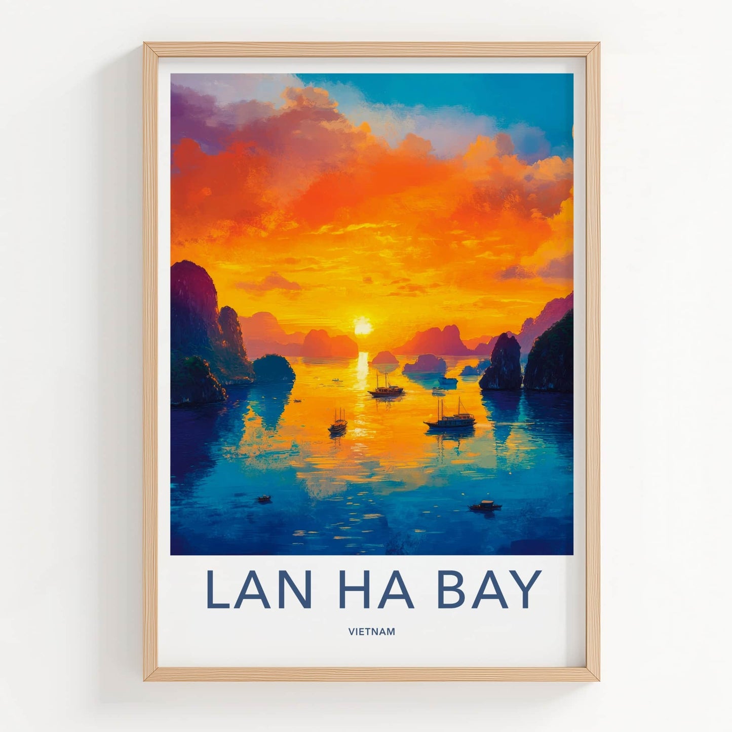 Lan Ha Bay Poster - Vietnam Travel Art - Vibrant Sunset Boats Home Decor