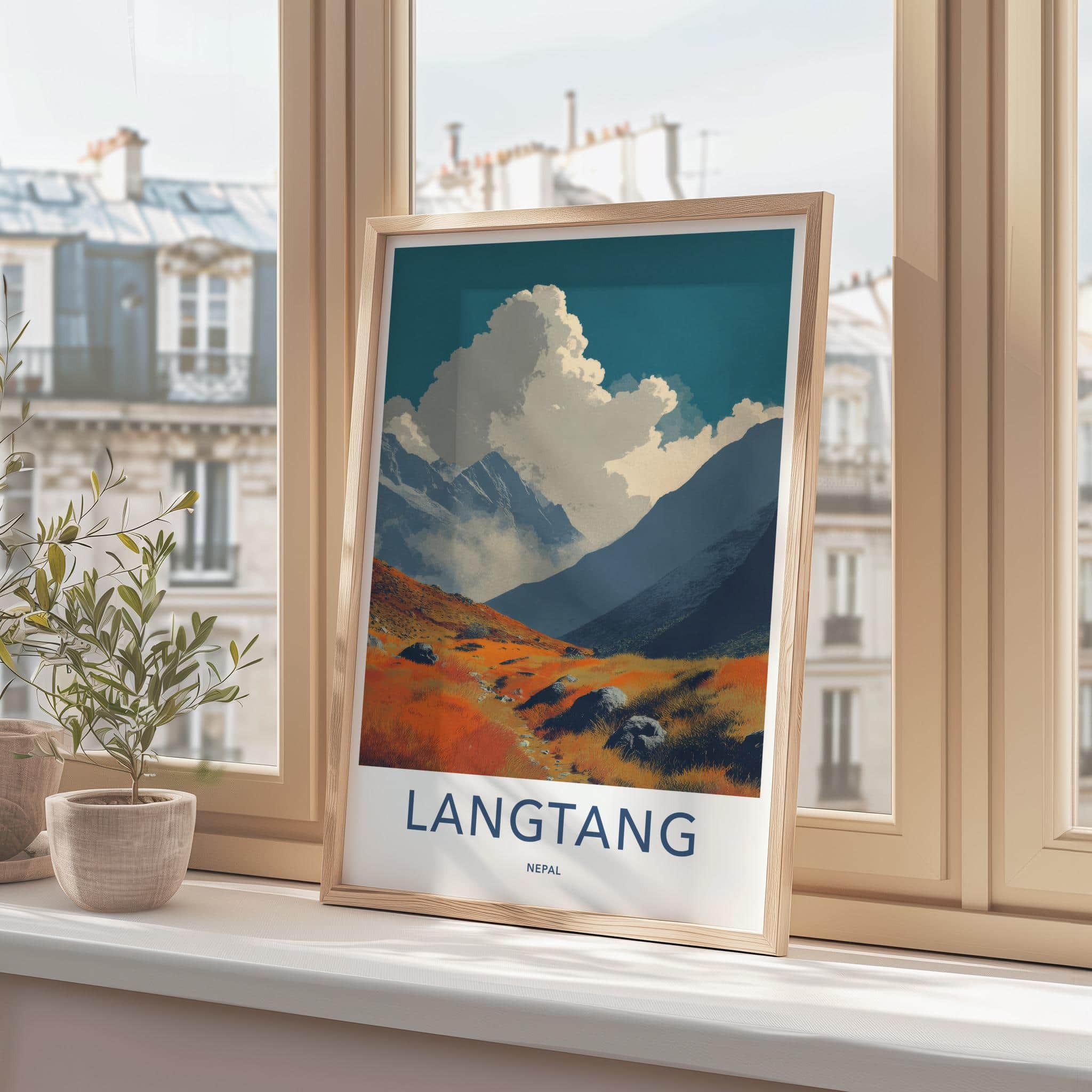 Langtang Poster - Nepal Travel Art - Orange Fields Mountain Home Decor