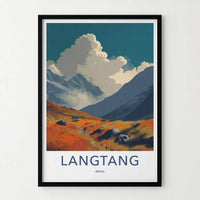 Langtang Poster - Nepal Travel Art - Orange Fields Mountain Home Decor