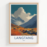 Langtang Poster - Nepal Travel Art - Orange Fields Mountain Home Decor