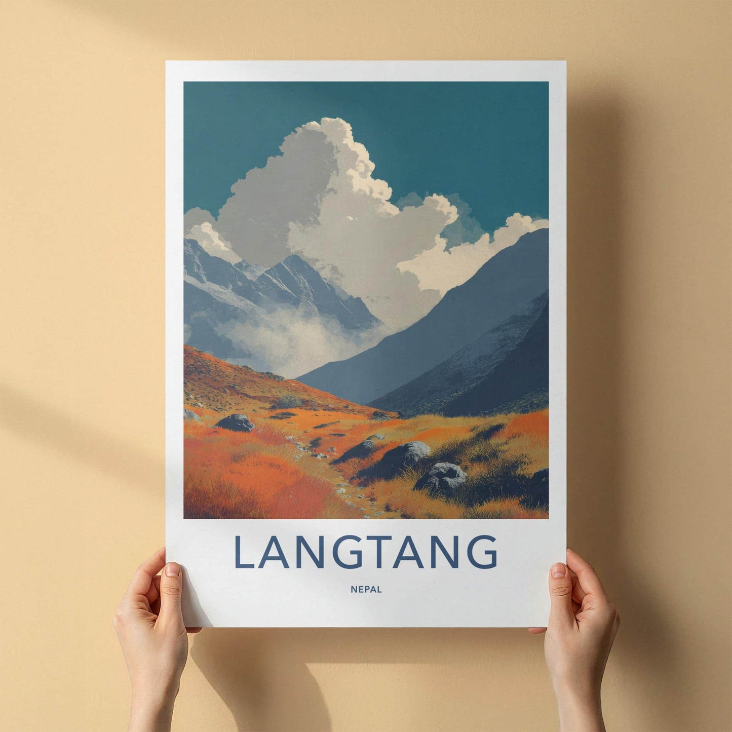 Langtang Poster - Nepal Travel Art - Orange Fields Mountain Home Decor