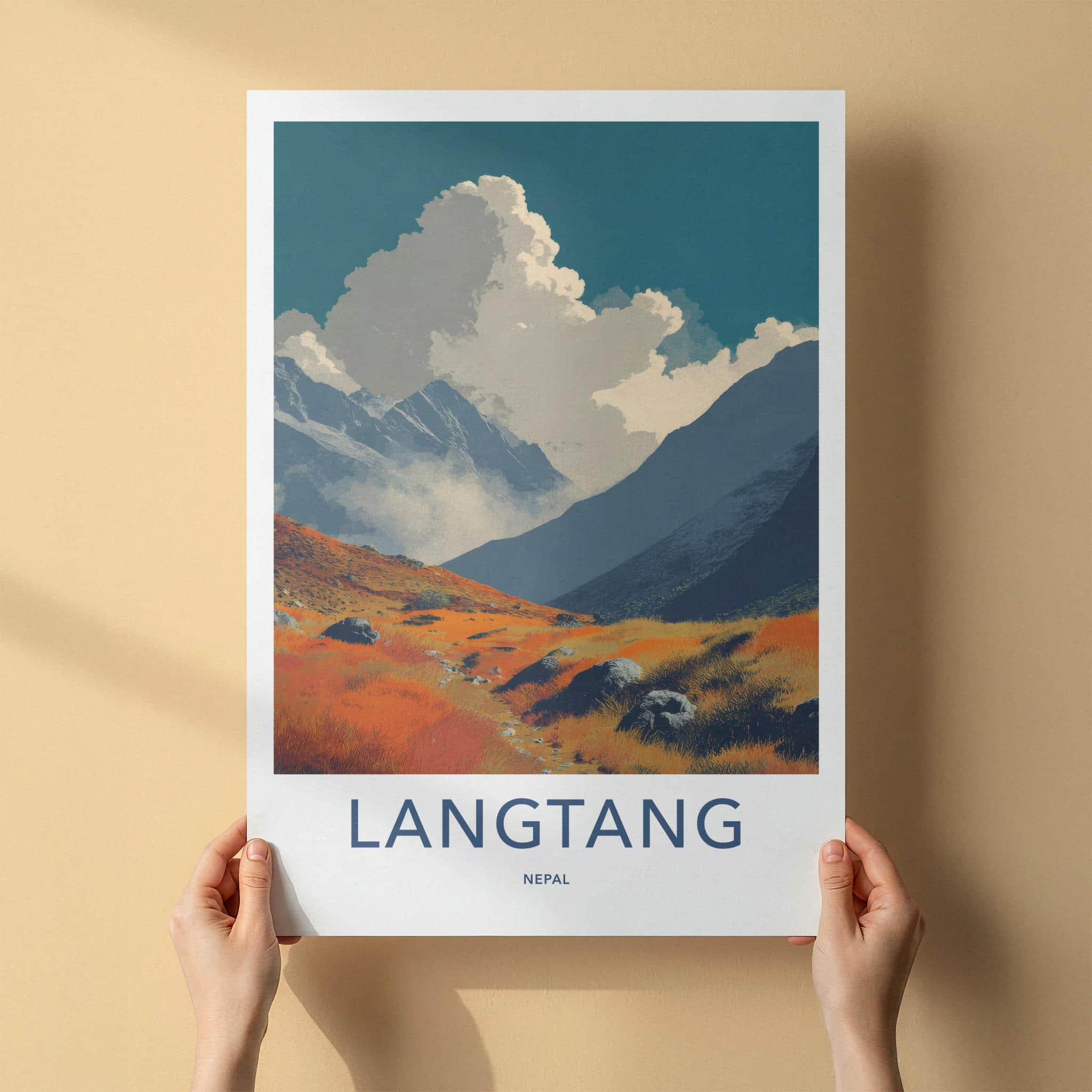 Langtang Poster - Nepal Travel Art - Orange Fields Mountain Home Decor