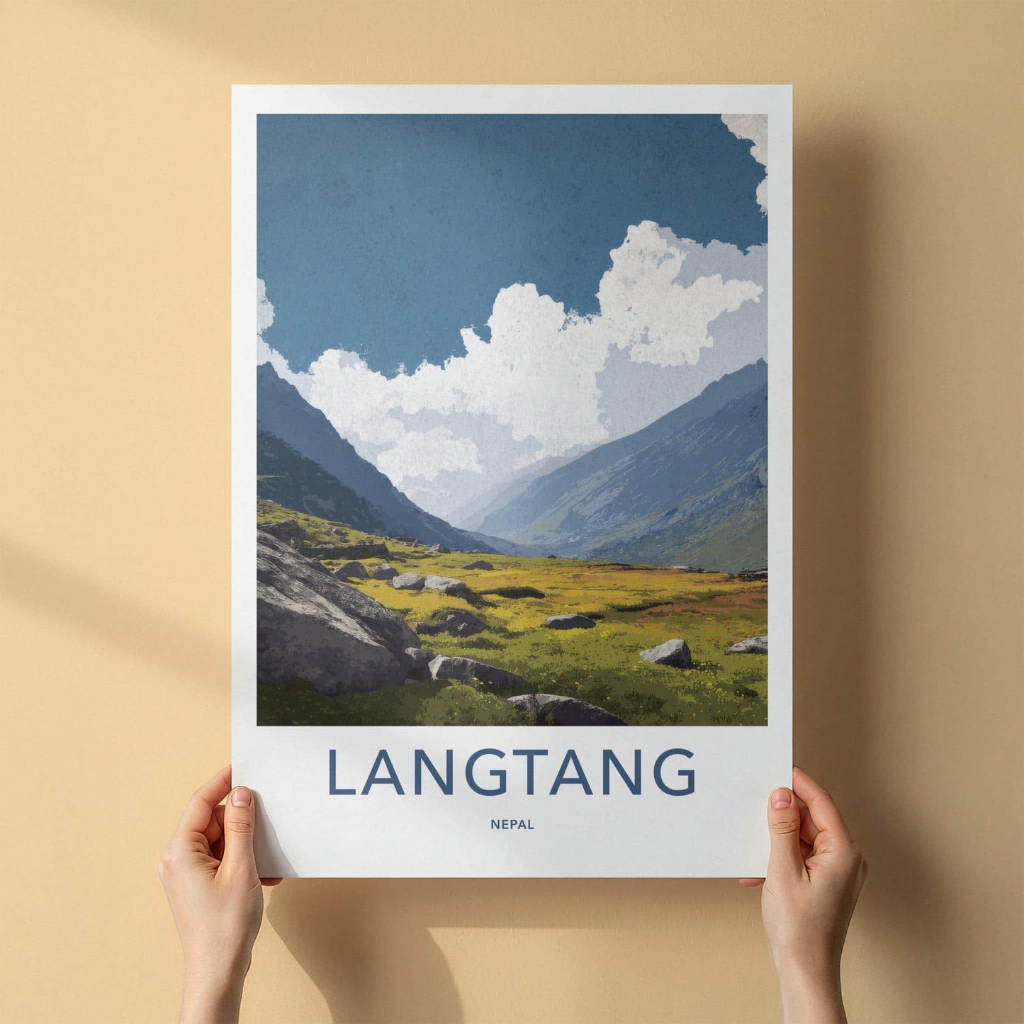 Langtang Poster - Nepal Travel Art - Rocky Valley Meadow Home Decor