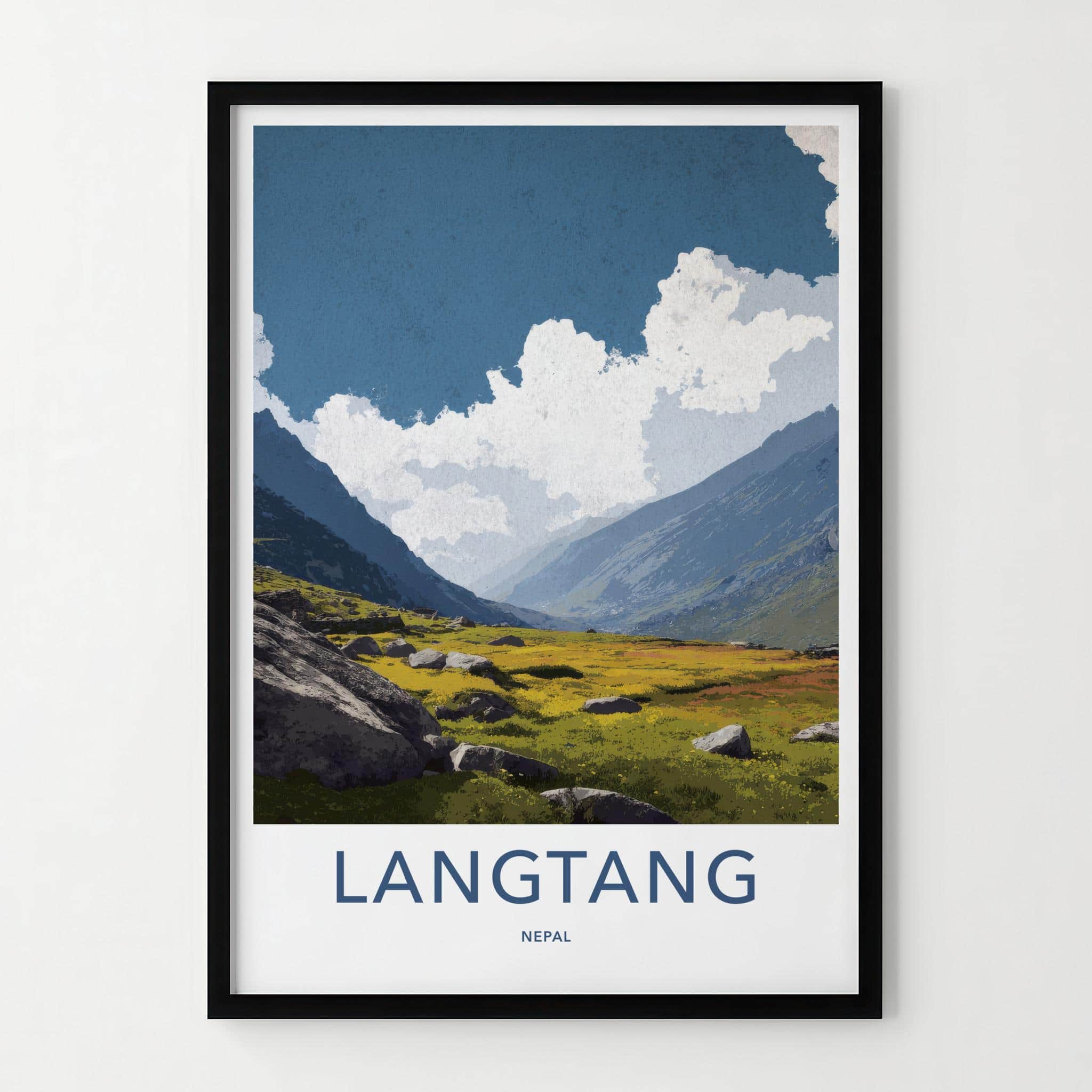Langtang Poster - Nepal Travel Art - Rocky Valley Meadow Home Decor