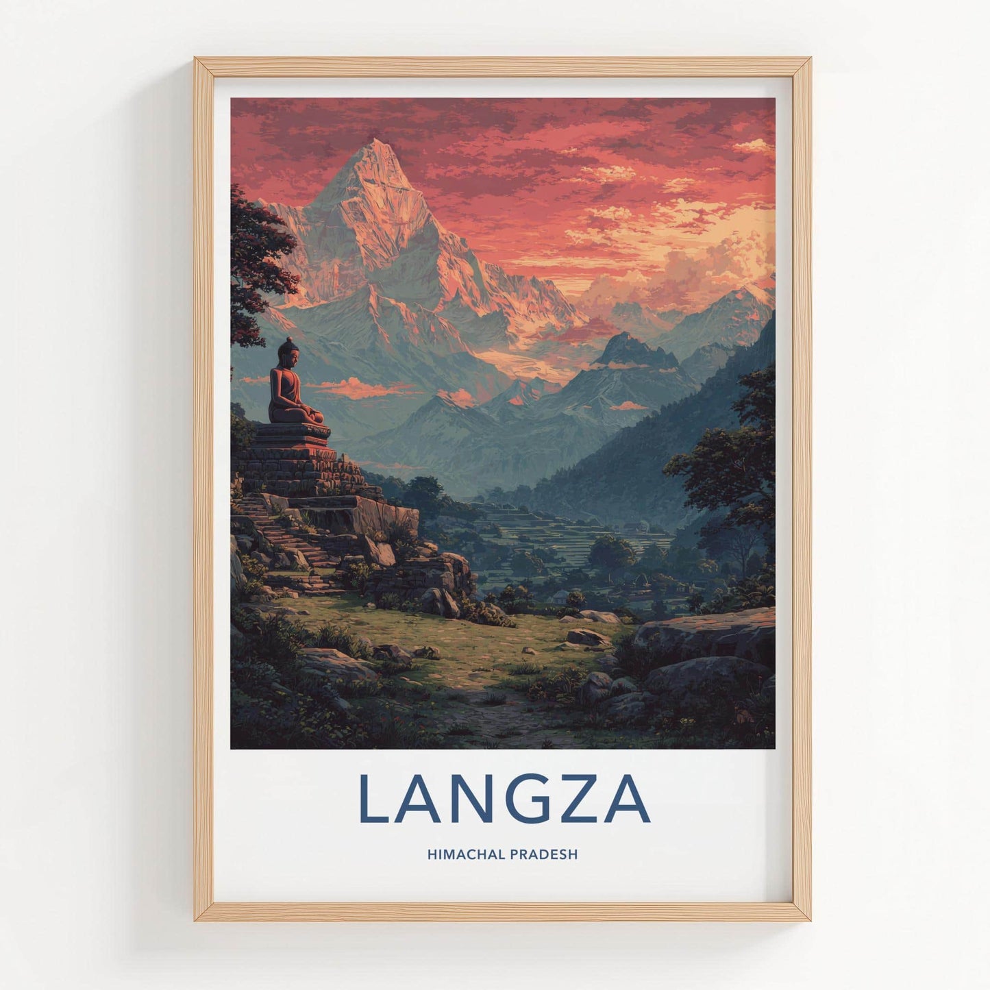 Langza Poster - India Travel Art - Himachal Pradesh Buddha Mountain Sunset Home Decor