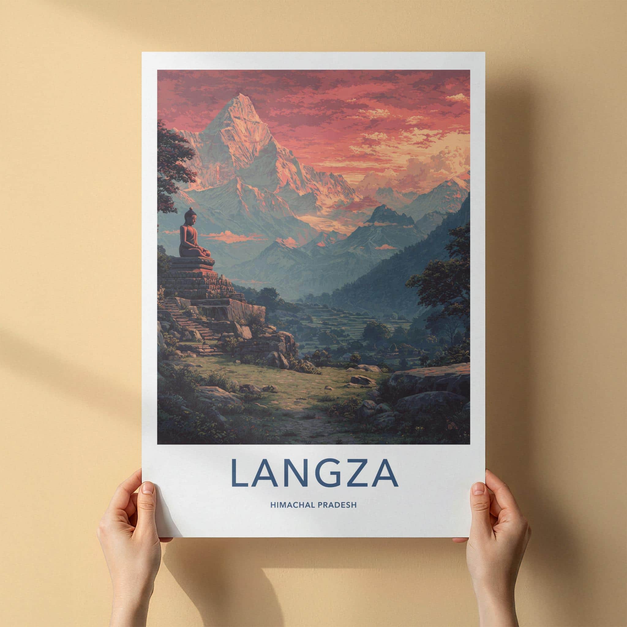 Langza Poster - India Travel Art - Himachal Pradesh Buddha Mountain Sunset Home Decor