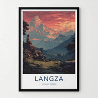 Langza Poster - India Travel Art - Himachal Pradesh Buddha Mountain Sunset Home Decor