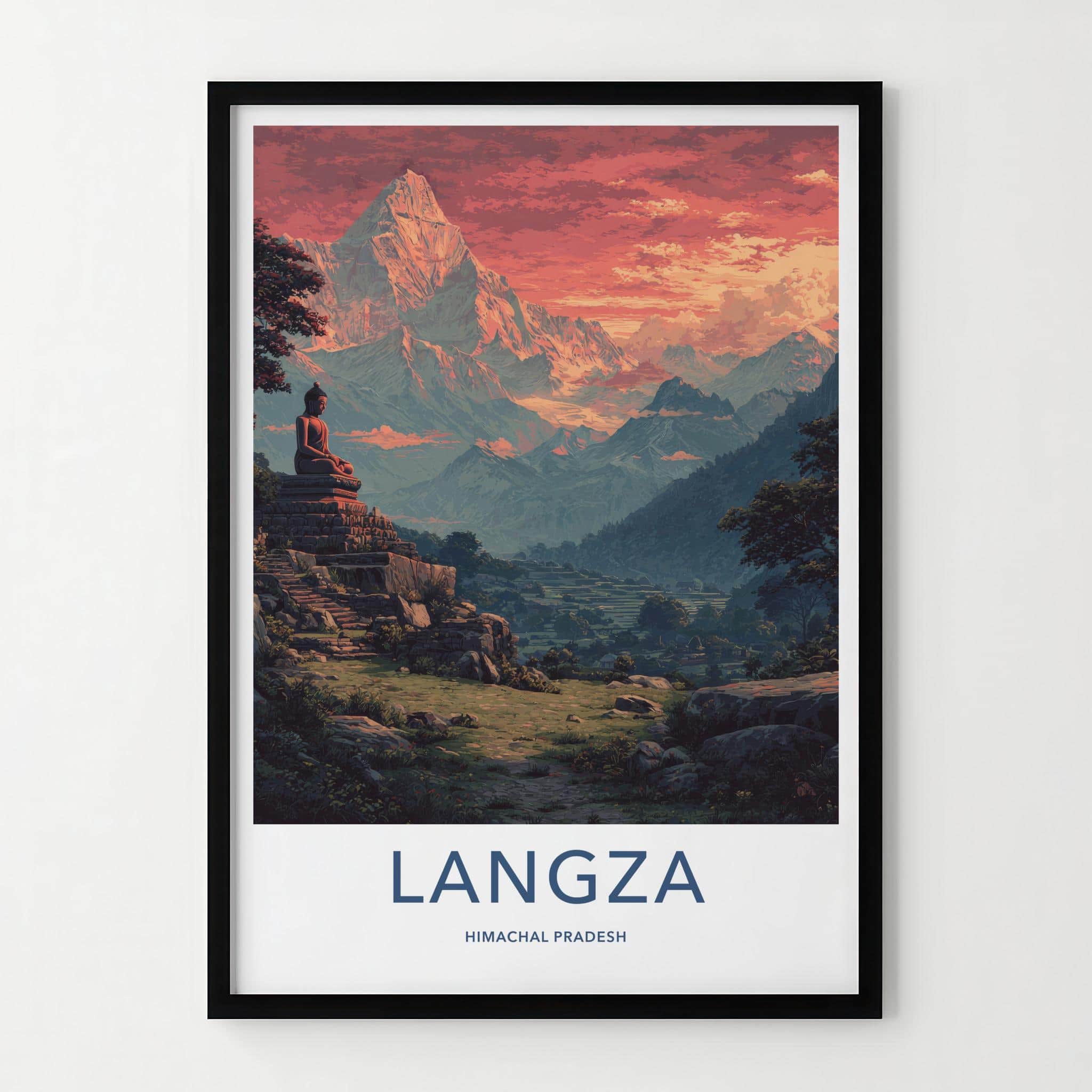 Langza Poster - India Travel Art - Himachal Pradesh Buddha Mountain Sunset Home Decor