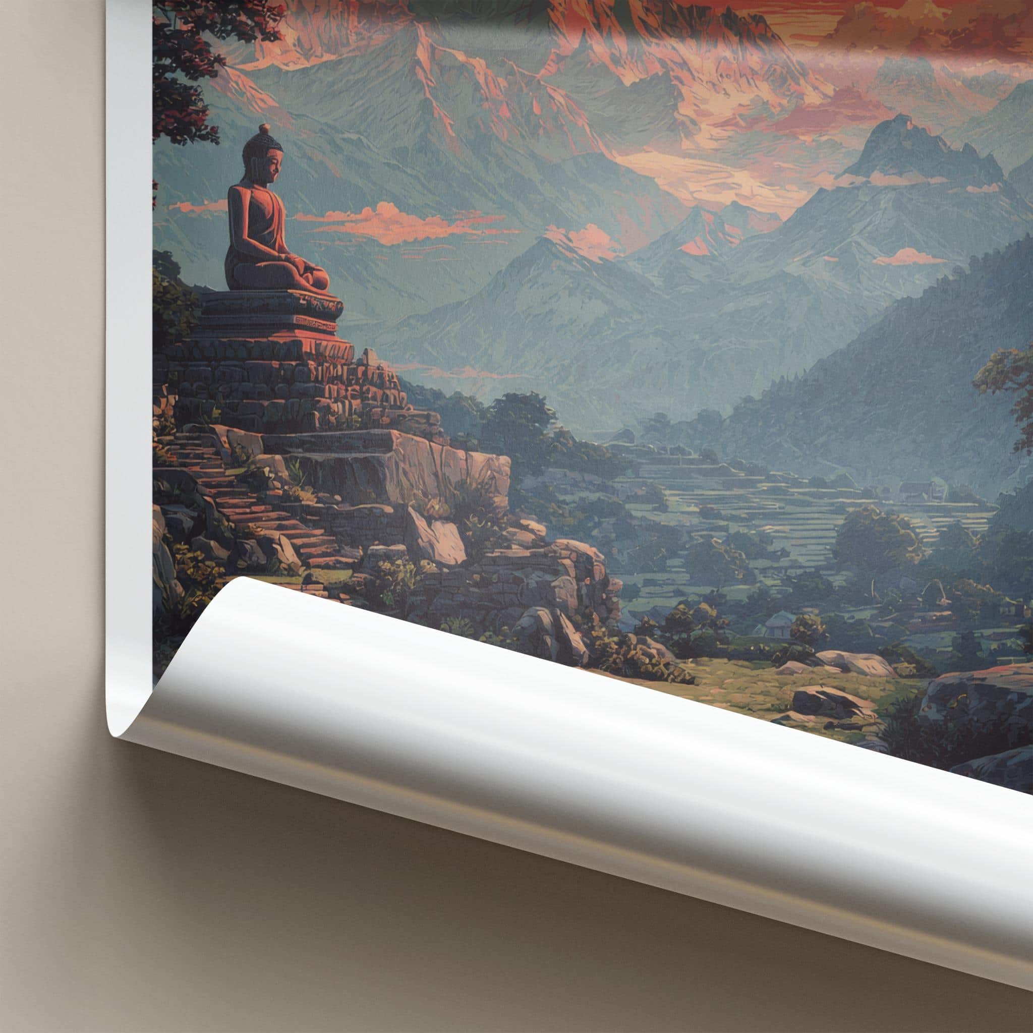 Langza Poster - India Travel Art - Himachal Pradesh Buddha Mountain Sunset Home Decor