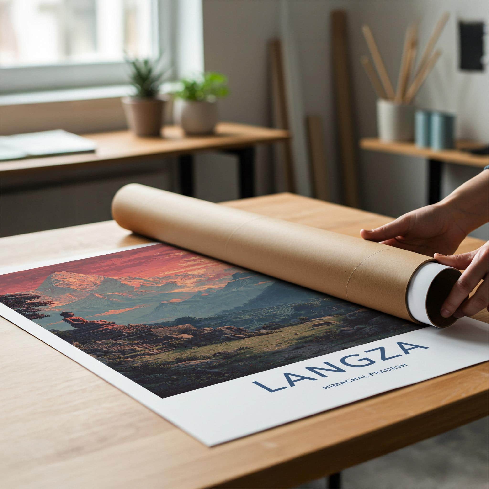 Langza Poster - India Travel Art - Himachal Pradesh Buddha Mountain Sunset Home Decor