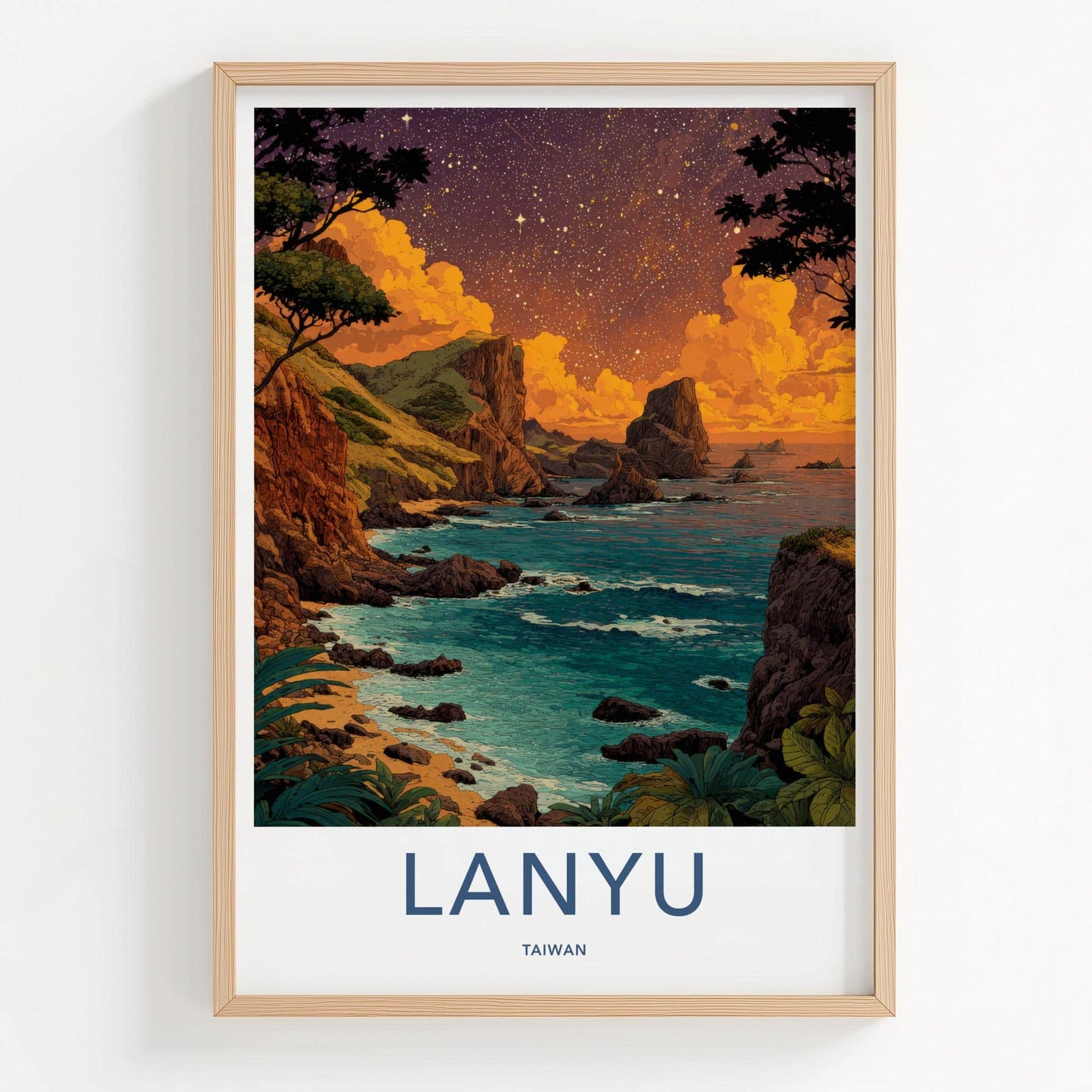 Lanyu Poster - Taiwan Travel Art - Starlit Coastal Rocks Home Decor