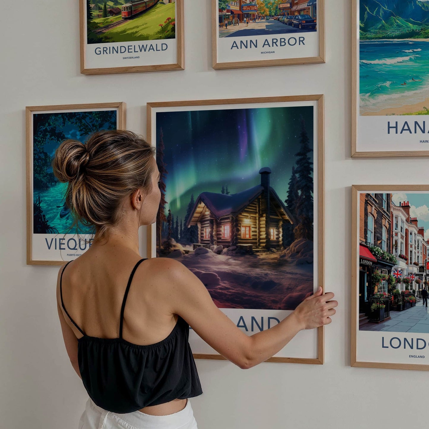 Lapland Poster - Finland Travel Art - Cozy Cabin Aurora Home Decor
