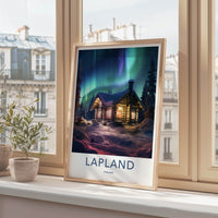Lapland Poster - Finland Travel Art - Cozy Cabin Aurora Home Decor