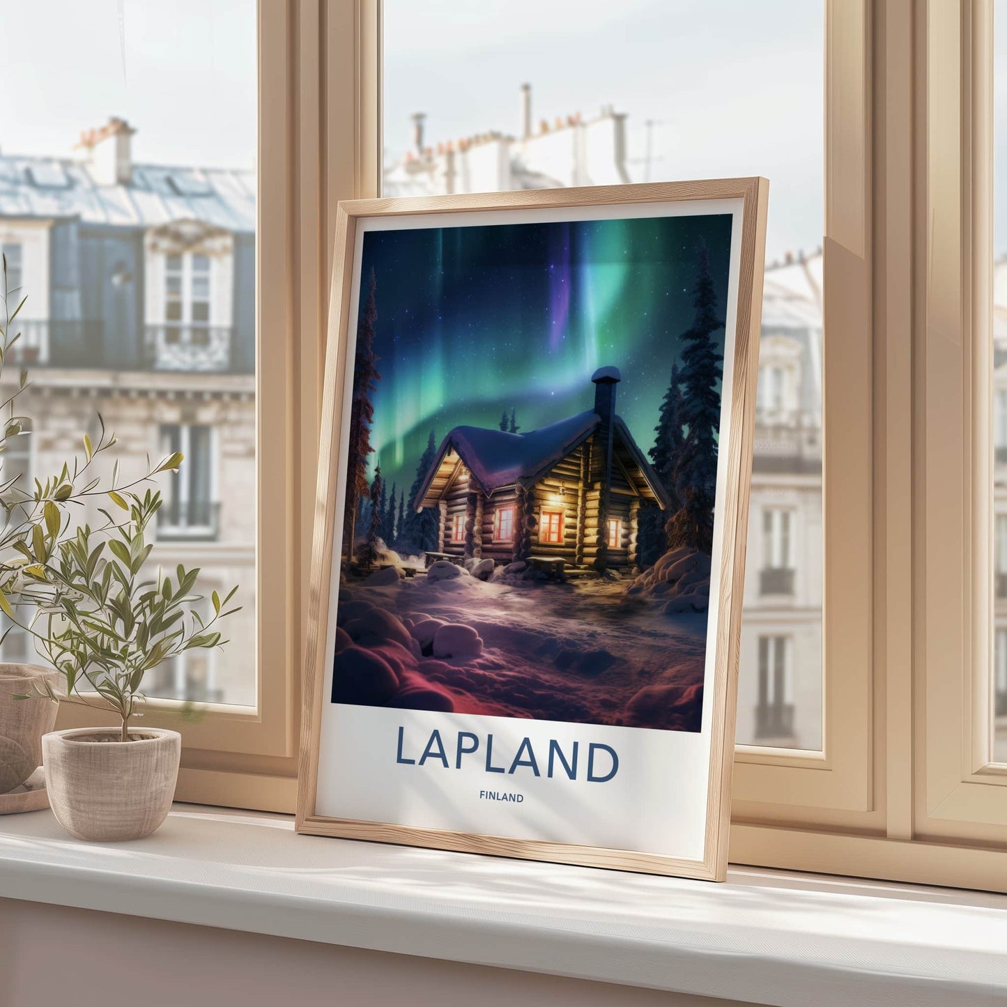 Lapland Poster - Finland Travel Art - Cozy Cabin Aurora Home Decor