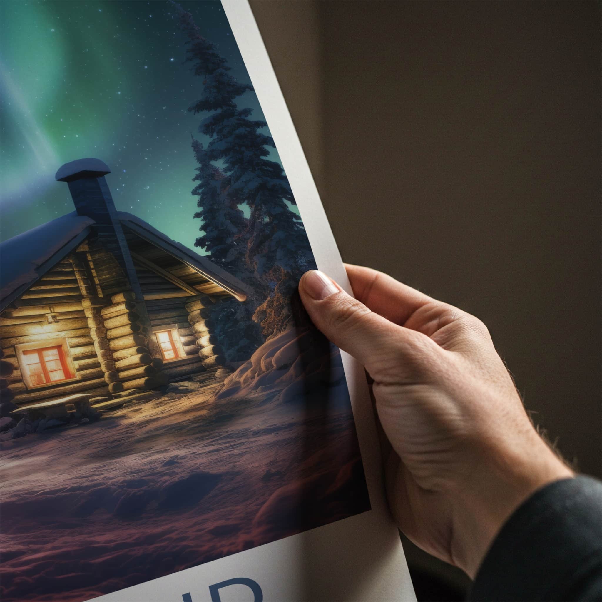 Lapland Poster - Finland Travel Art - Cozy Cabin Aurora Home Decor
