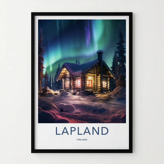 Lapland Poster - Finland Travel Art - Cozy Cabin Aurora Home Decor