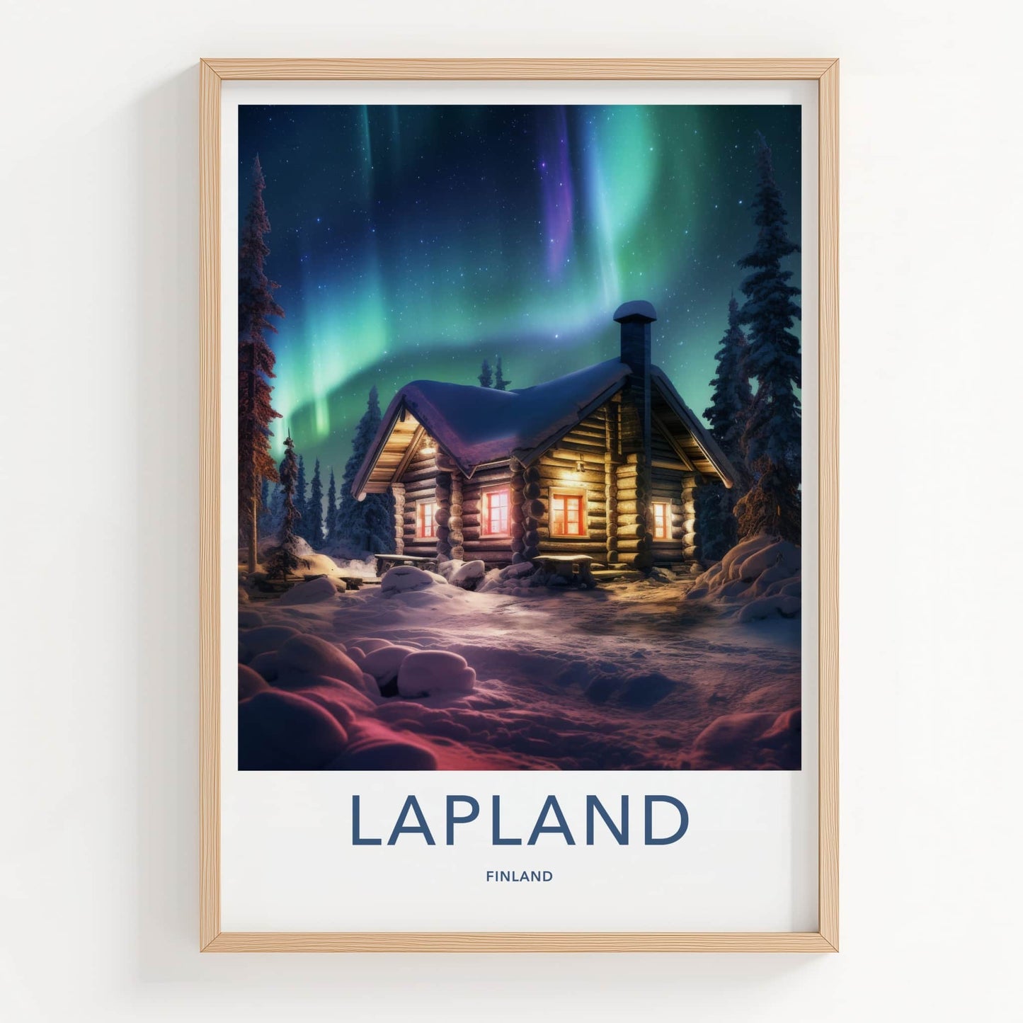 Lapland Poster - Finland Travel Art - Cozy Cabin Aurora Home Decor