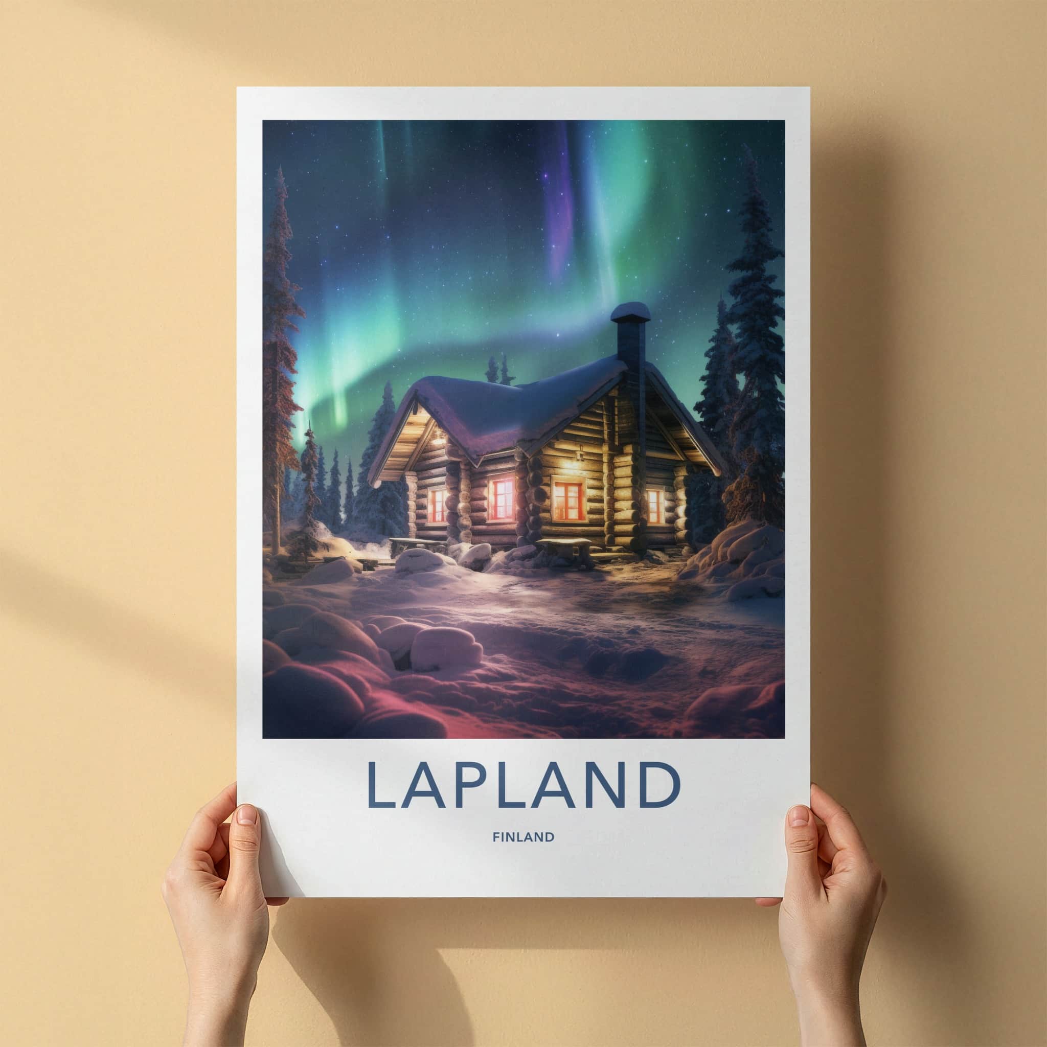 Lapland Poster - Finland Travel Art - Cozy Cabin Aurora Home Decor