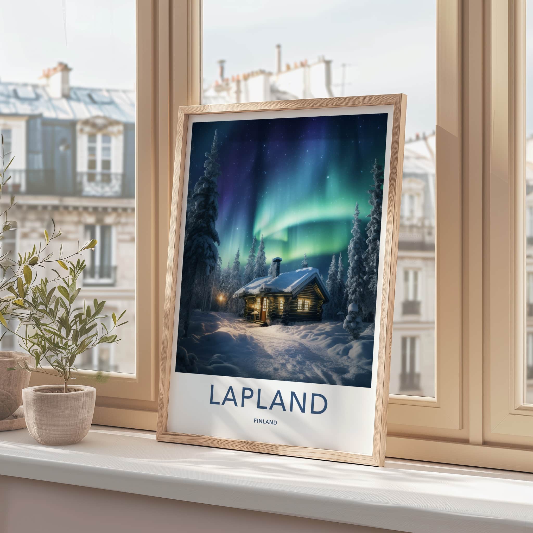 Lapland Poster - Finland Travel Art - Snowy Cabin Lights Home Decor