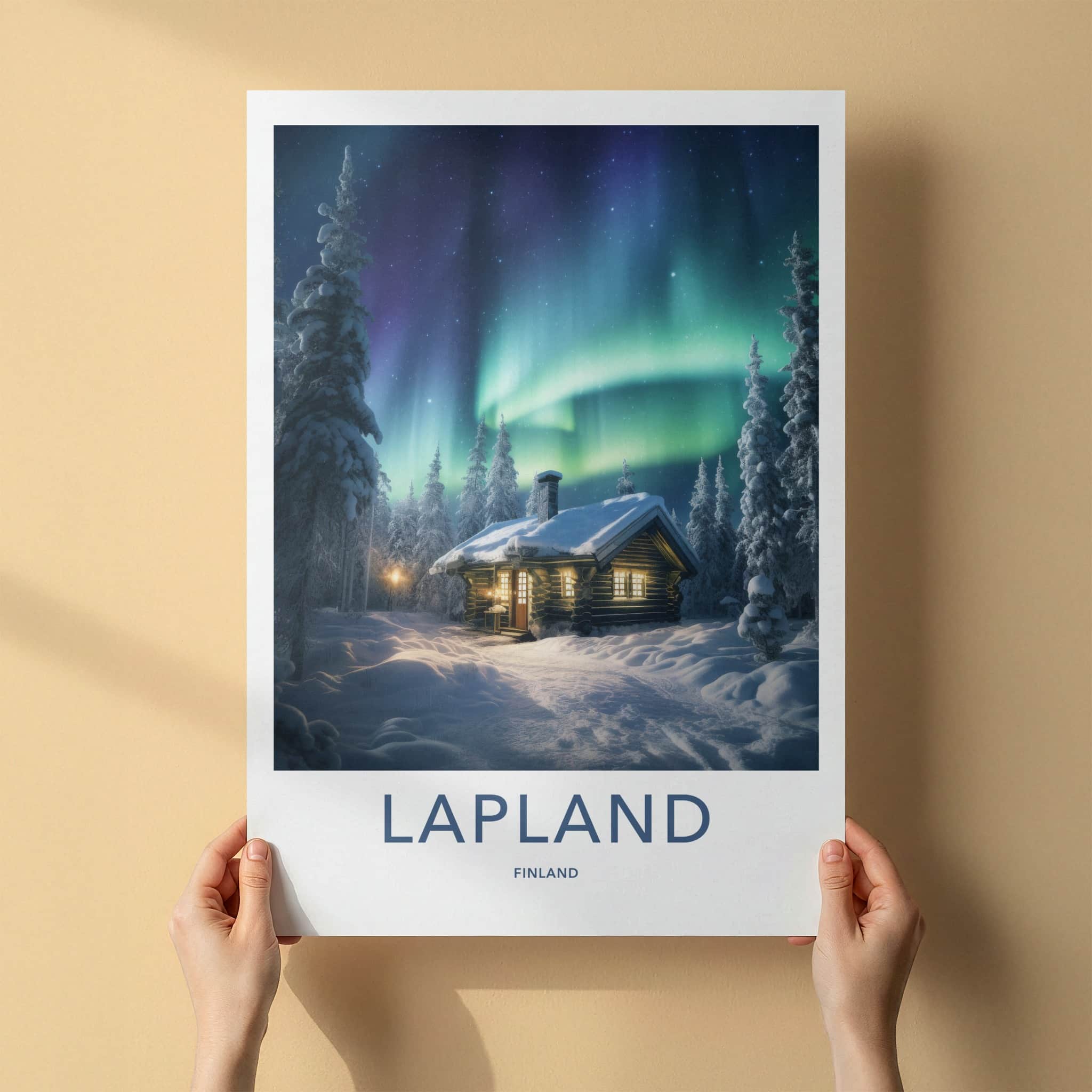 Lapland Poster - Finland Travel Art - Snowy Cabin Lights Home Decor